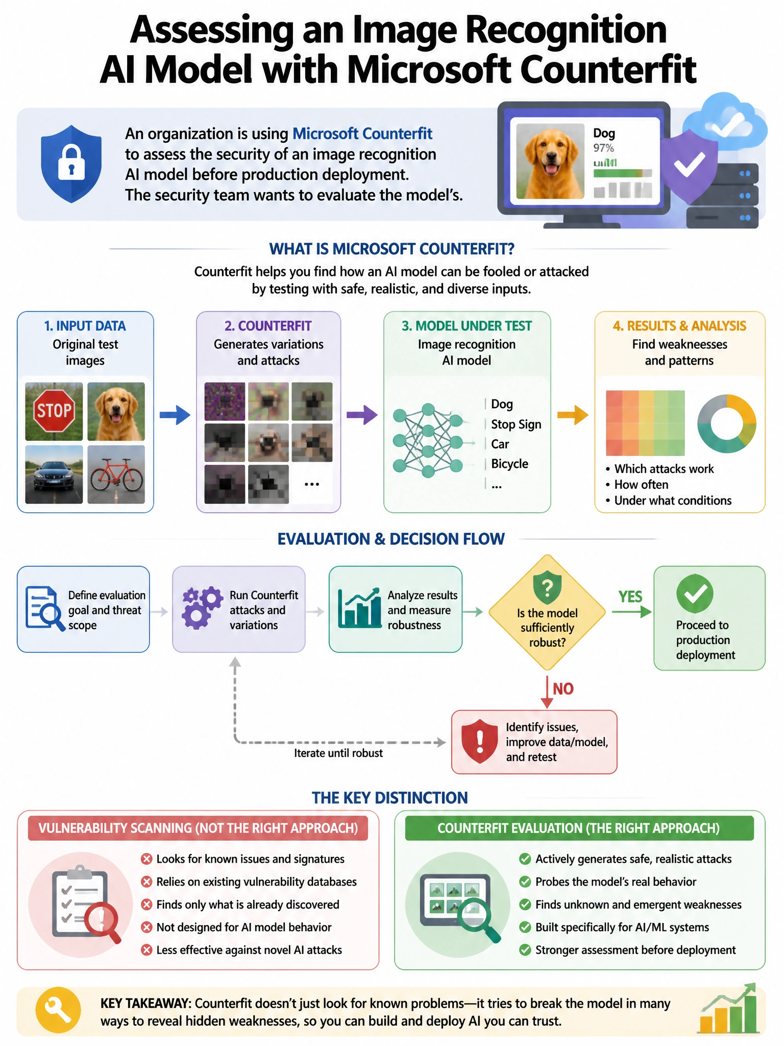 Portrait educational infographic teaching: An organization is using Microsoft Counterfit to assess the security of an image recognition AI model before production deployment. The security team wants to evaluate the model's . Show labeled components, decision flow, and the key distinction that makes the correct answer correct. Clean modern diagram style.