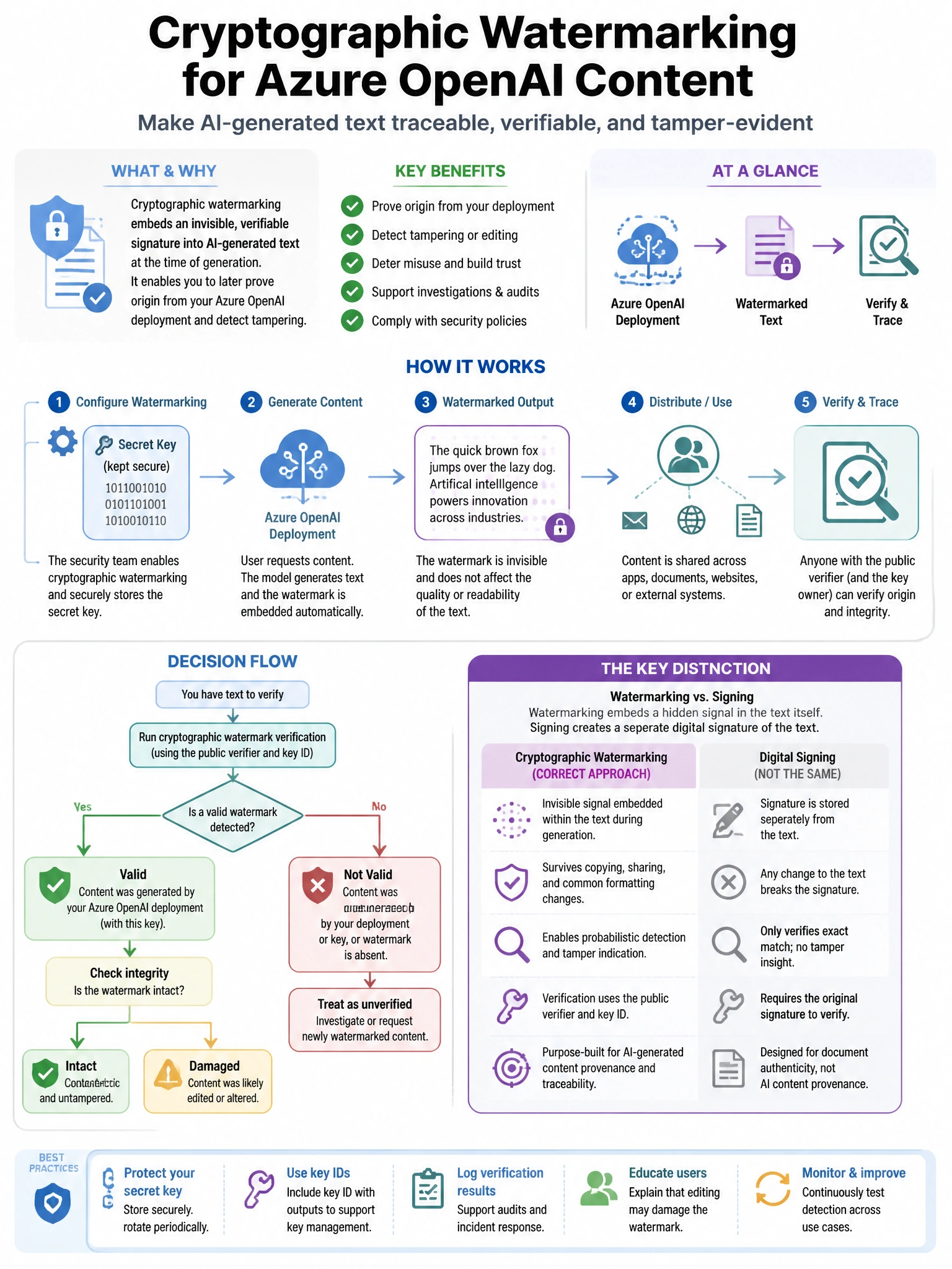 Portrait educational infographic teaching: An organization's AI security team wants to implement cryptographic watermarking of AI-generated content so that any text produced by their Azure OpenAI deployment can be traced ba. Show labeled components, decision flow, and the key distinction that makes the correct answer correct. Clean modern diagram style.