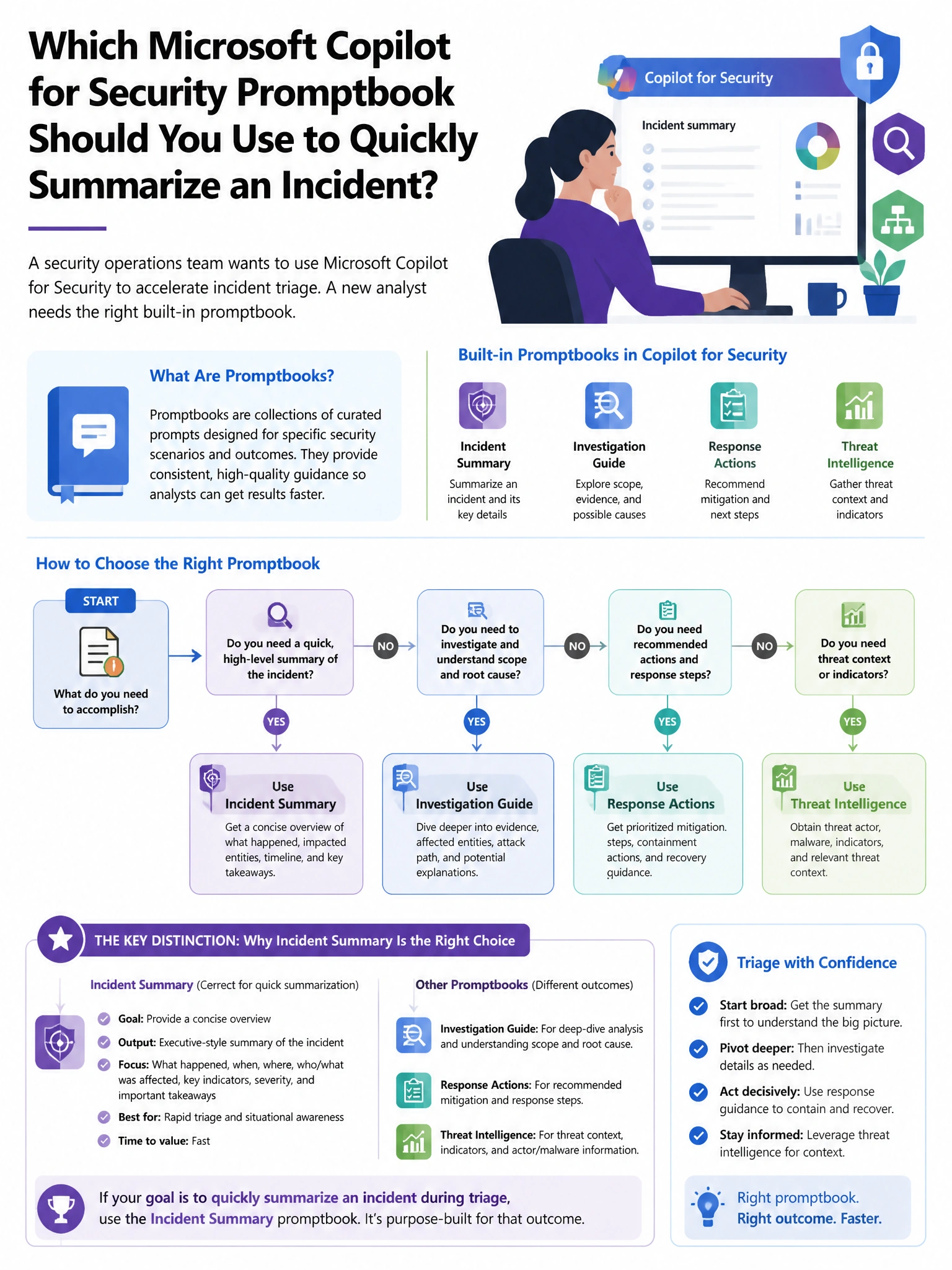 Portrait educational infographic teaching: A security operations team wants to use Microsoft Copilot for Security to accelerate incident triage. A new analyst asks which built-in promptbook they should use to quickly summar. Show labeled components, decision flow, and the key distinction that makes the correct answer correct. Clean modern diagram style.
