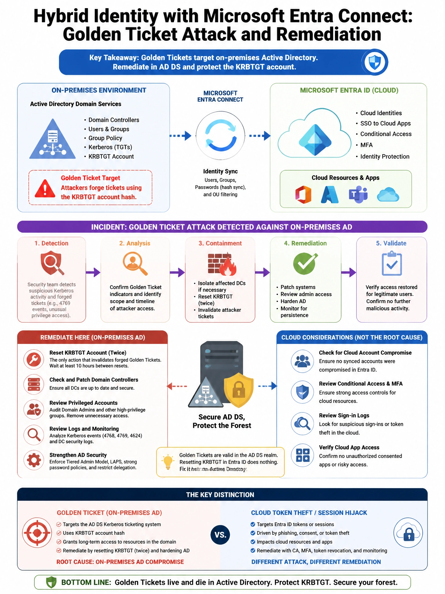 Portrait educational infographic teaching: A company has hybrid identity with Microsoft Entra Connect. The security team detects a Golden Ticket attack against the on-premises Active Directory. After remediating the on-prem. Show labeled components, decision flow, and the key distinction that makes the correct answer correct. Clean modern diagram style.