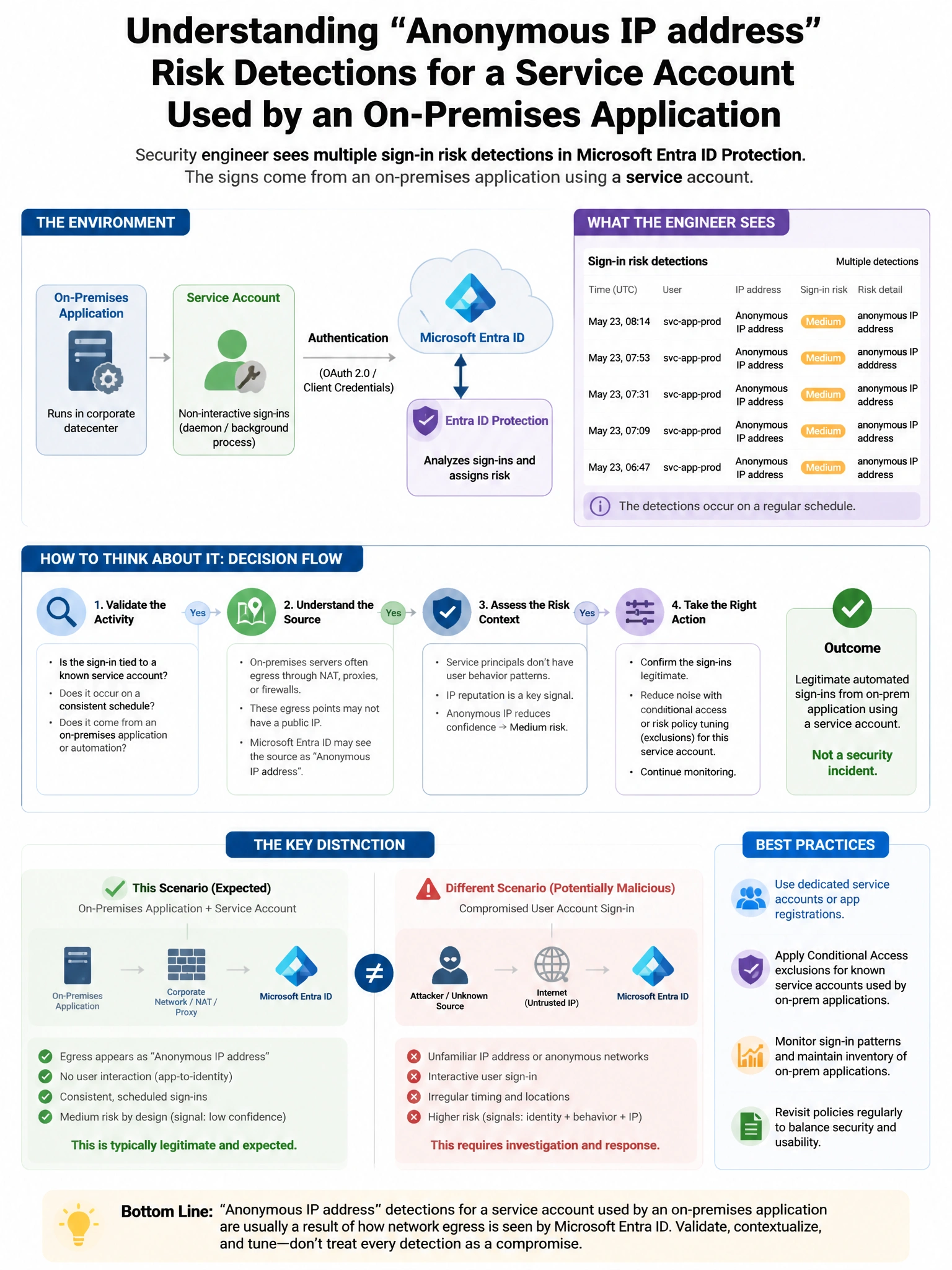 Portrait educational infographic teaching: A security engineer reviews Microsoft Entra ID Protection and sees multiple 'Anonymous IP address' sign-in risk detections for a service account used by an on-premises application . Show labeled components, decision flow, and the key distinction that makes the correct answer correct. Clean modern diagram style.