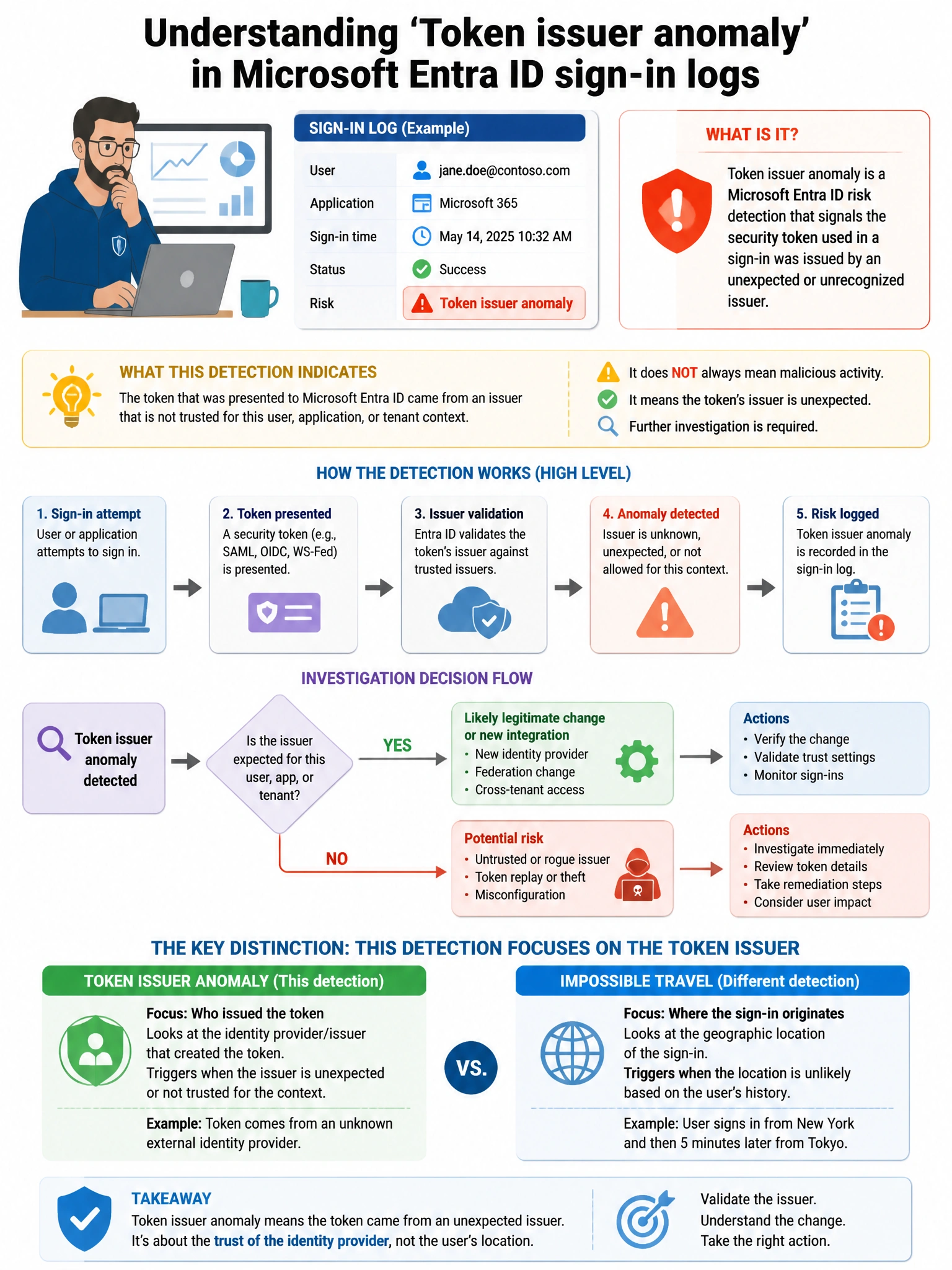 Portrait educational infographic teaching: A security engineer is investigating a Microsoft Entra ID sign-in log and notices a user has a 'Token issuer anomaly' risk detection. What does this detection indicate?. Show labeled components, decision flow, and the key distinction that makes the correct answer correct. Clean modern diagram style.