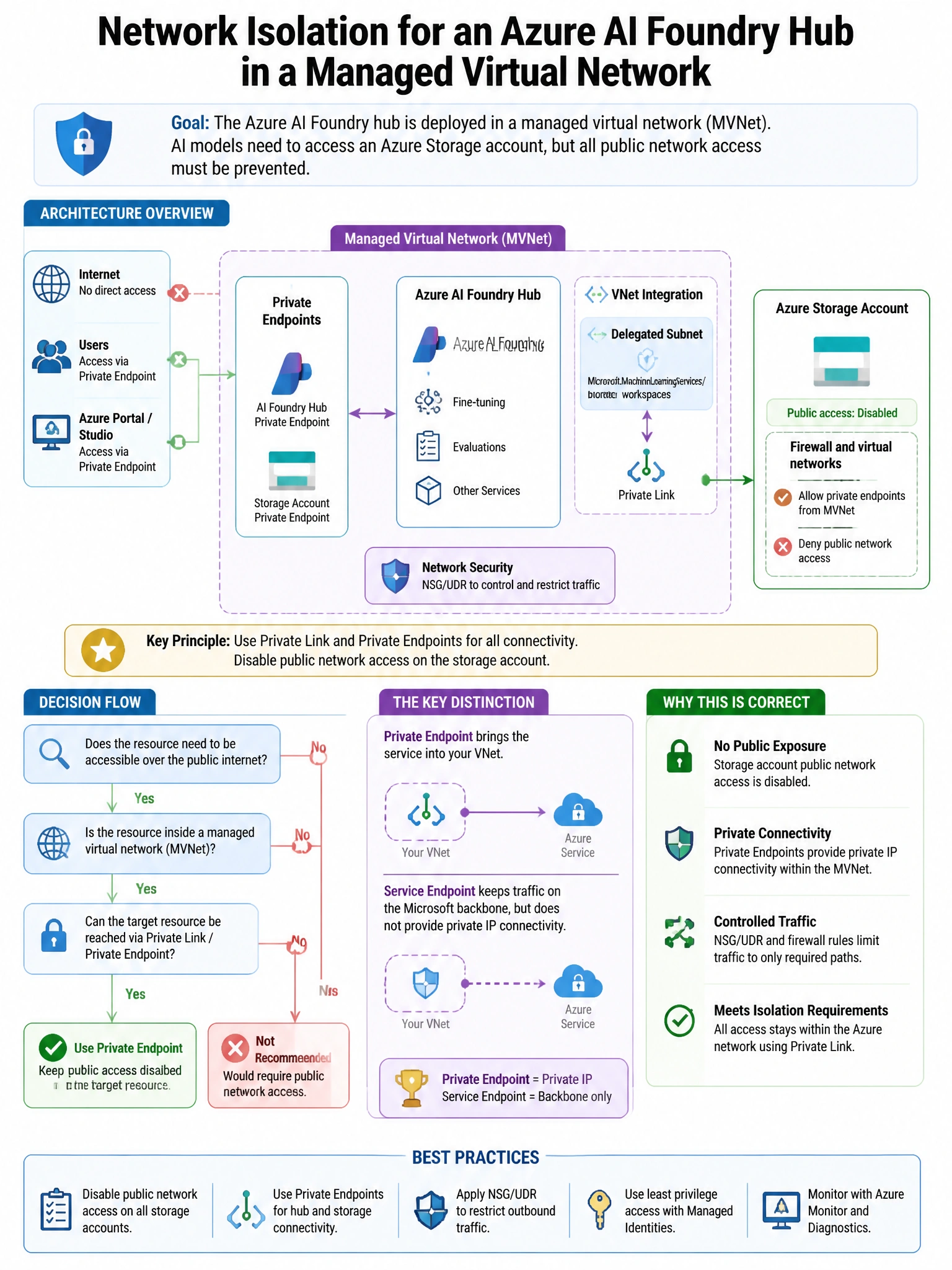 Portrait educational infographic teaching: An organization needs to implement network isolation for an Azure AI Foundry hub deployed in a managed virtual network. The AI models need to access an Azure Storage account but al. Show labeled components, decision flow, and the key distinction that makes the correct answer correct. Clean modern diagram style.