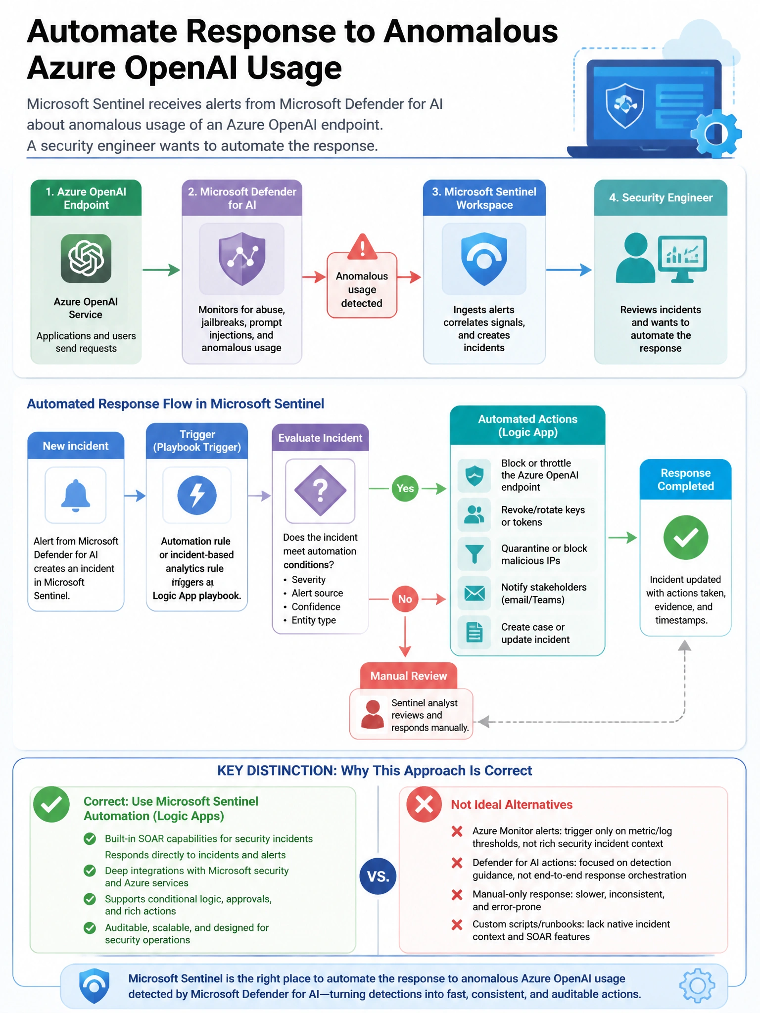 Portrait educational infographic teaching: A Microsoft Sentinel workspace receives alerts from Microsoft Defender for AI about anomalous usage of an Azure OpenAI endpoint. A security engineer wants to automate the response . Show labeled components, decision flow, and the key distinction that makes the correct answer correct. Clean modern diagram style.