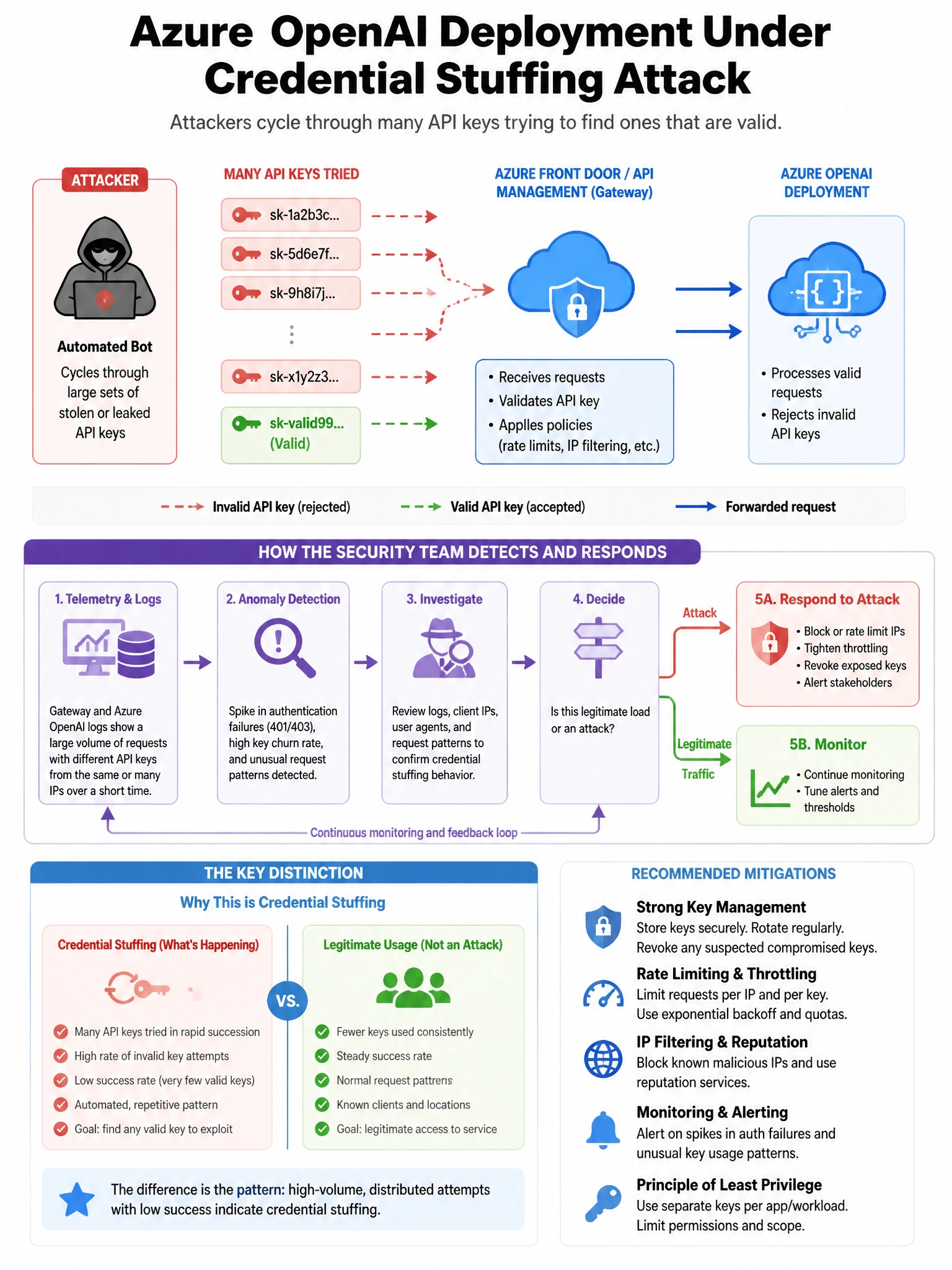 Portrait educational infographic teaching: A security team discovers that an Azure OpenAI deployment is experiencing a credential stuffing attack where attackers cycle through many API keys attempting to find valid ones. Wh. Show labeled components, decision flow, and the key distinction that makes the correct answer correct. Clean modern diagram style.