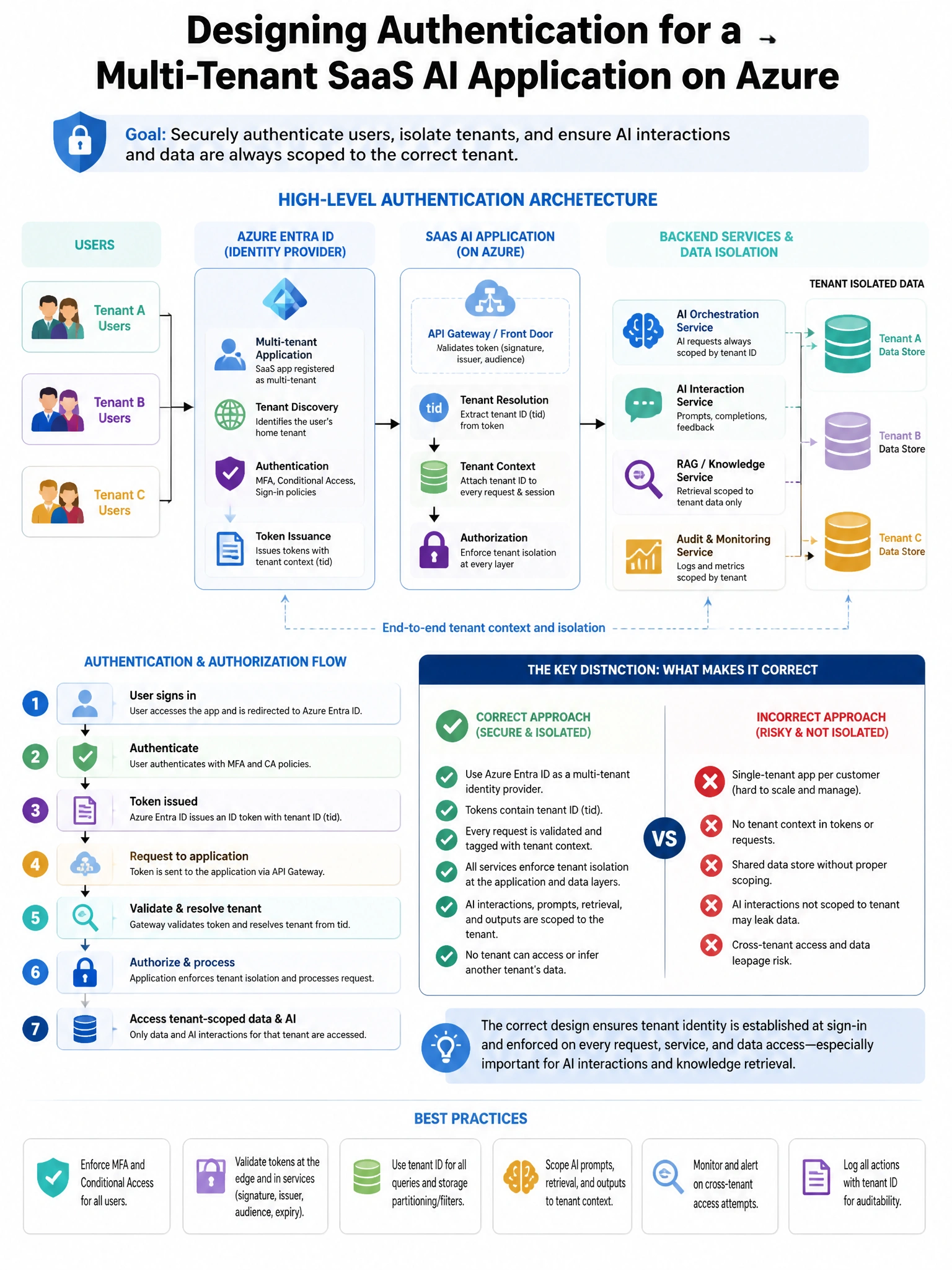 Portrait educational infographic teaching: A security engineer is designing the authentication architecture for a multi-tenant SaaS AI application built on Azure. Each customer tenant must be isolated and their AI interacti. Show labeled components, decision flow, and the key distinction that makes the correct answer correct. Clean modern diagram style.