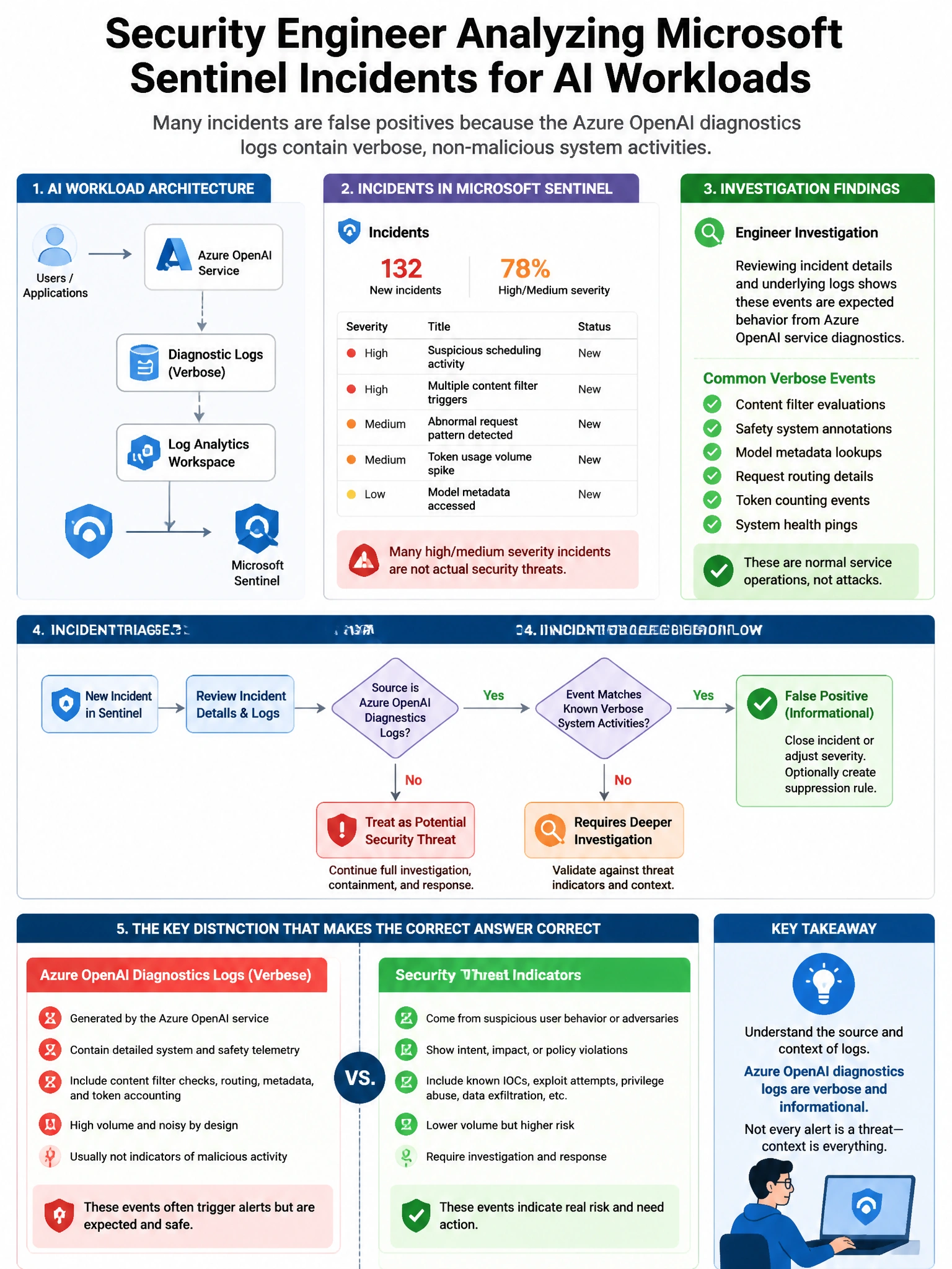 Portrait educational infographic teaching: A security engineer is analyzing Microsoft Sentinel incidents related to AI workloads. The engineer notices that many incidents are false positives because the Azure OpenAI diagnos. Show labeled components, decision flow, and the key distinction that makes the correct answer correct. Clean modern diagram style.