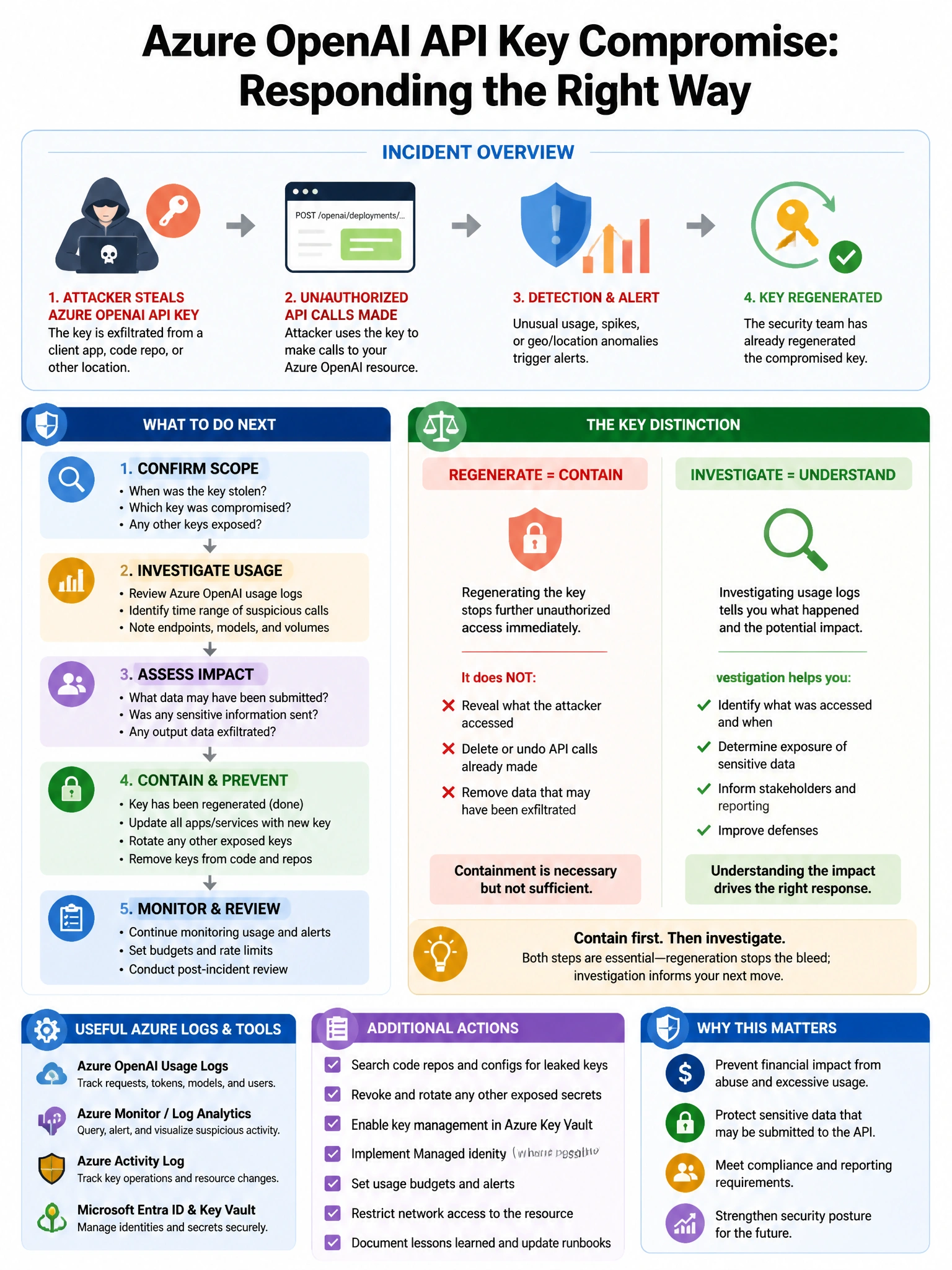 Portrait educational infographic teaching: A security team is responding to an incident where an attacker has stolen an Azure OpenAI API key and is making unauthorized API calls. The team has already regenerated the key. Ho. Show labeled components, decision flow, and the key distinction that makes the correct answer correct. Clean modern diagram style.