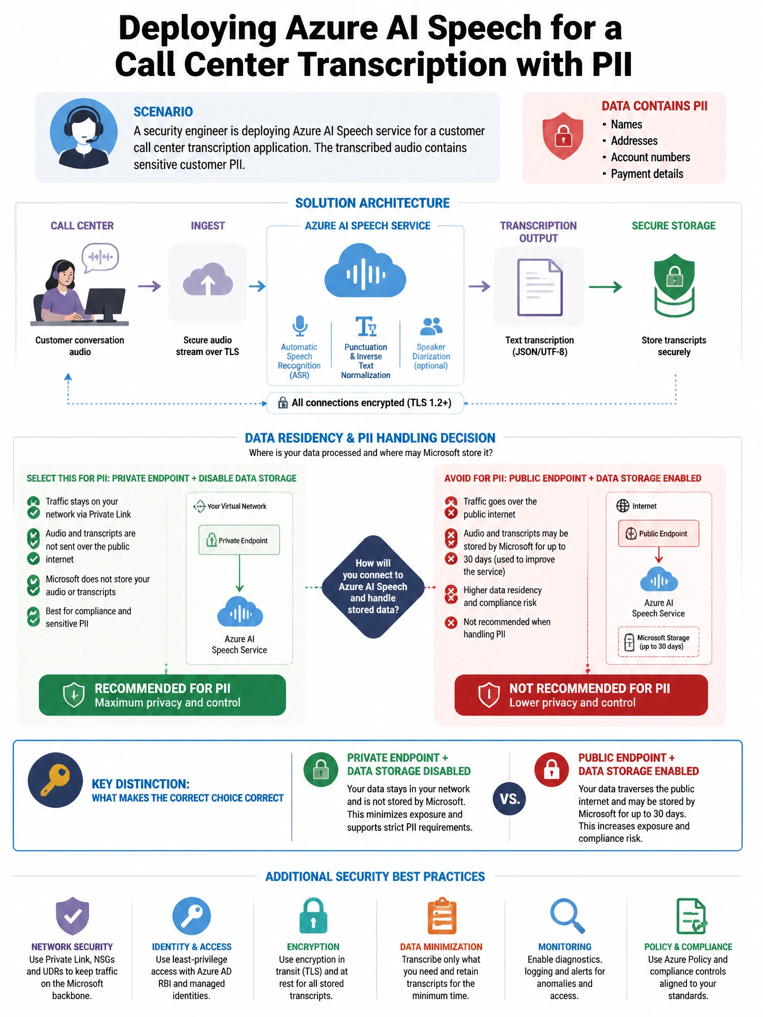 Portrait educational infographic teaching: A security engineer is deploying Azure AI Speech service for a customer call center transcription application. The transcribed audio contains sensitive customer PII. The security t. Show labeled components, decision flow, and the key distinction that makes the correct answer correct. Clean modern diagram style.