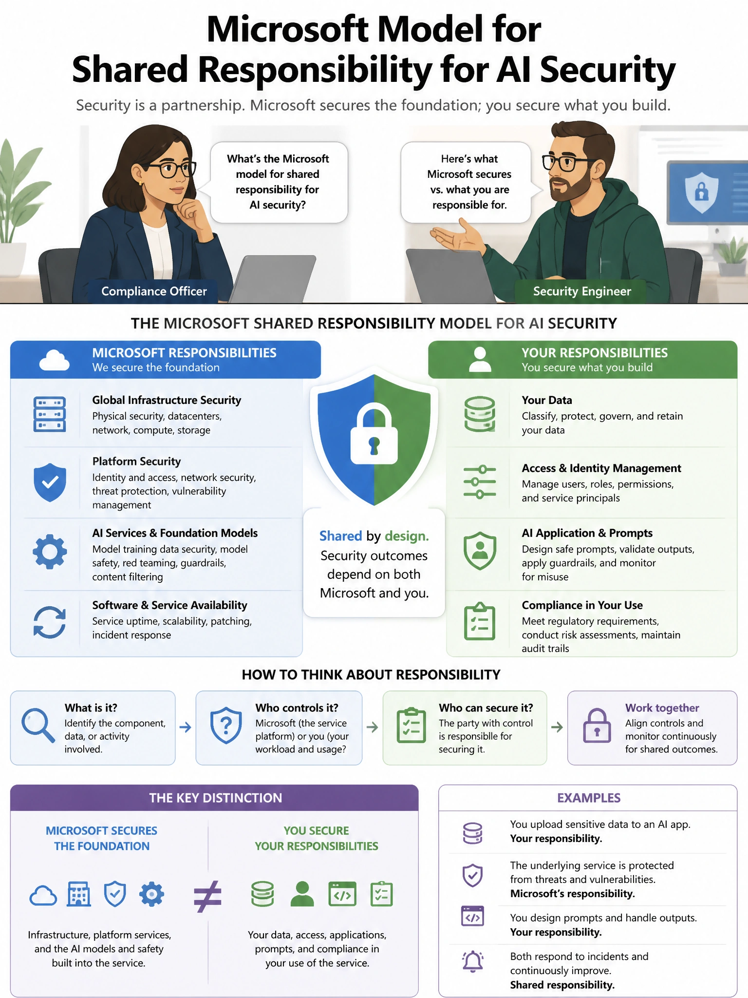 Portrait educational infographic teaching: A compliance officer asks a security engineer about the Microsoft model for shared responsibility for AI security. The engineer needs to explain what security responsibilities rema. Show labeled components, decision flow, and the key distinction that makes the correct answer correct. Clean modern diagram style.