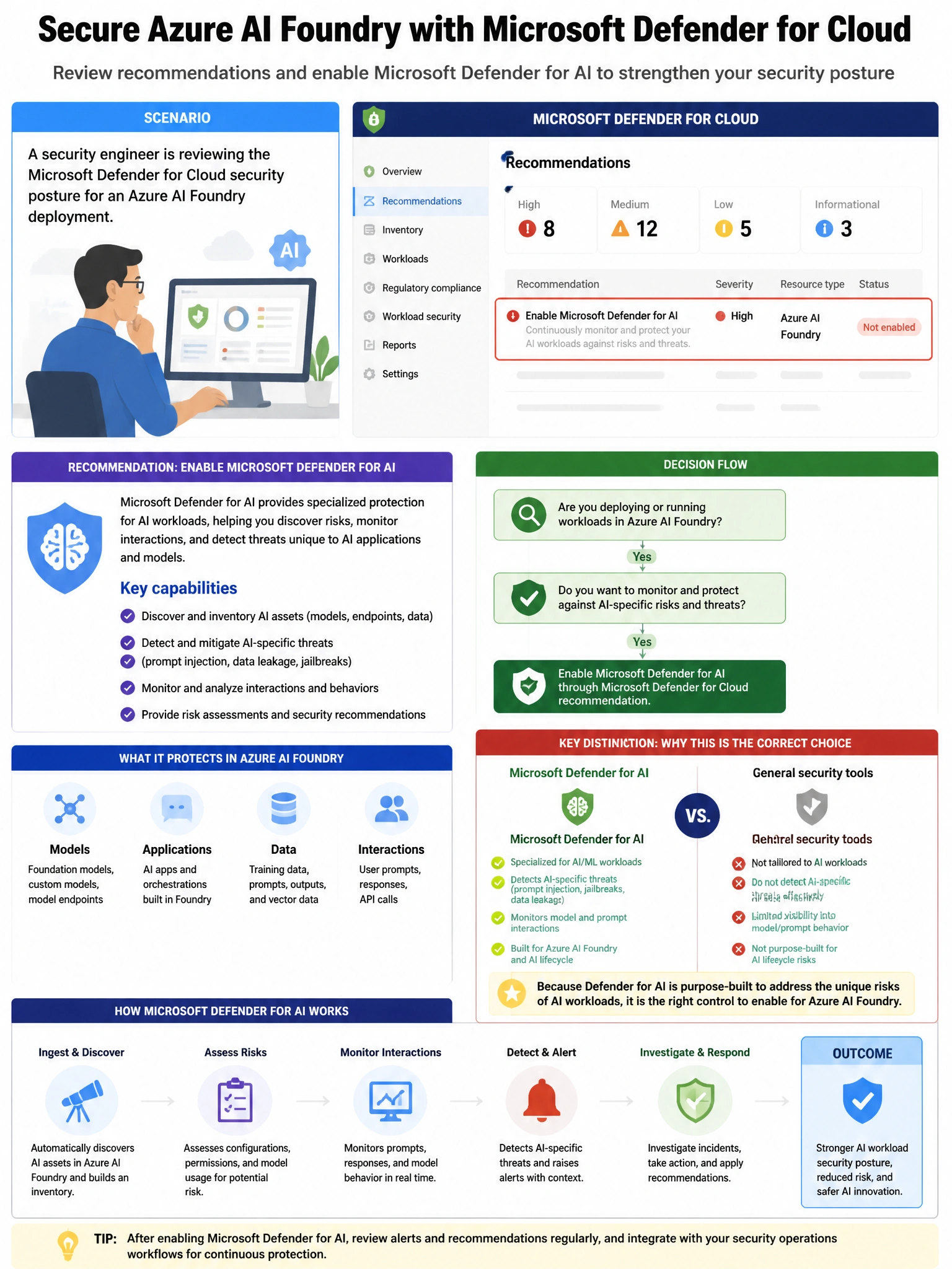 Portrait educational infographic teaching: A security engineer is reviewing the Microsoft Defender for Cloud security posture for an Azure AI Foundry deployment. Defender for Cloud shows a recommendation to 'Enable Microsof. Show labeled components, decision flow, and the key distinction that makes the correct answer correct. Clean modern diagram style.