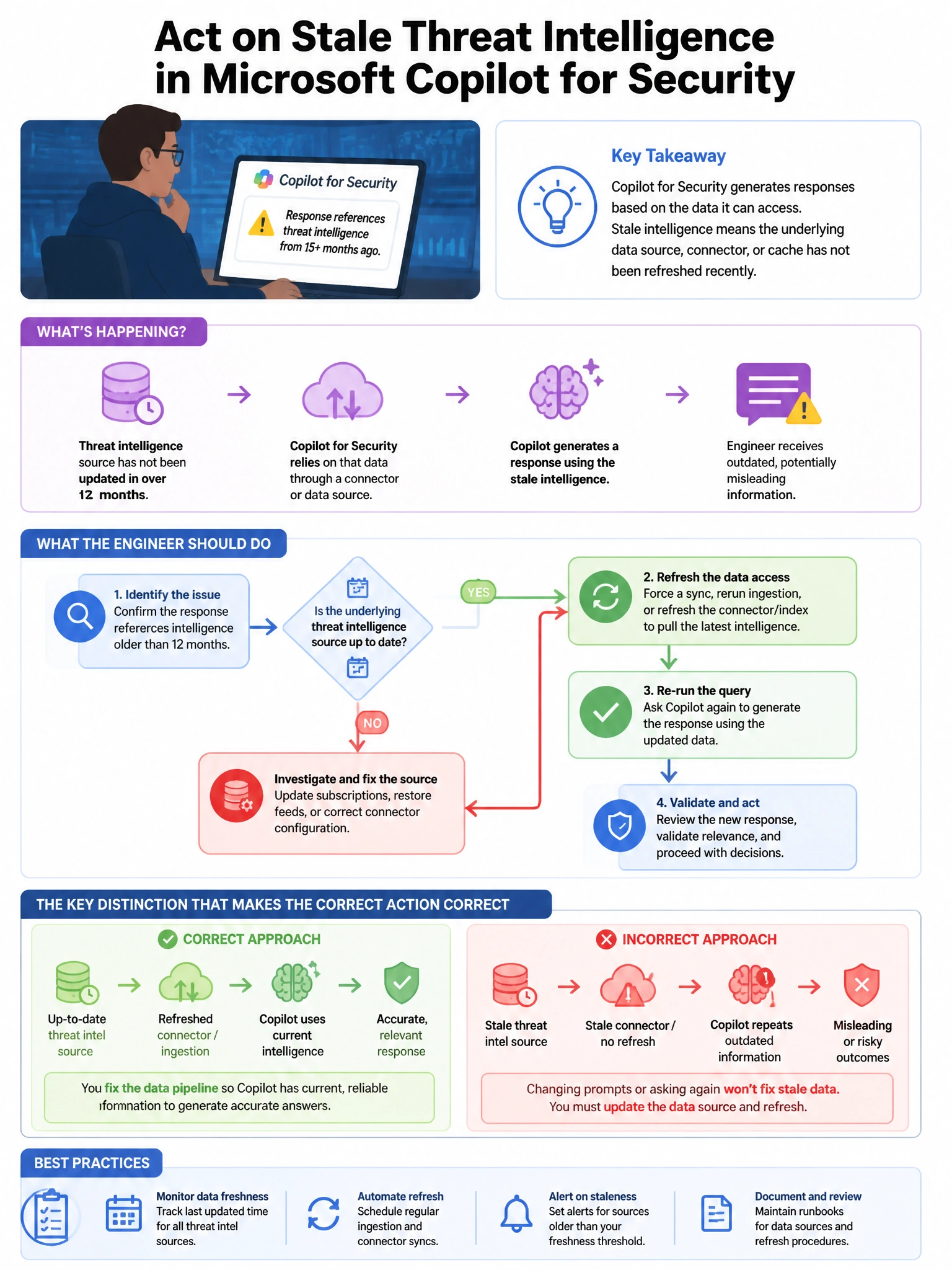 Portrait educational infographic teaching: A security engineer discovers that Microsoft Copilot for Security is generating responses that reference stale threat intelligence that is over 12 months old. The engineer needs to. Show labeled components, decision flow, and the key distinction that makes the correct answer correct. Clean modern diagram style.