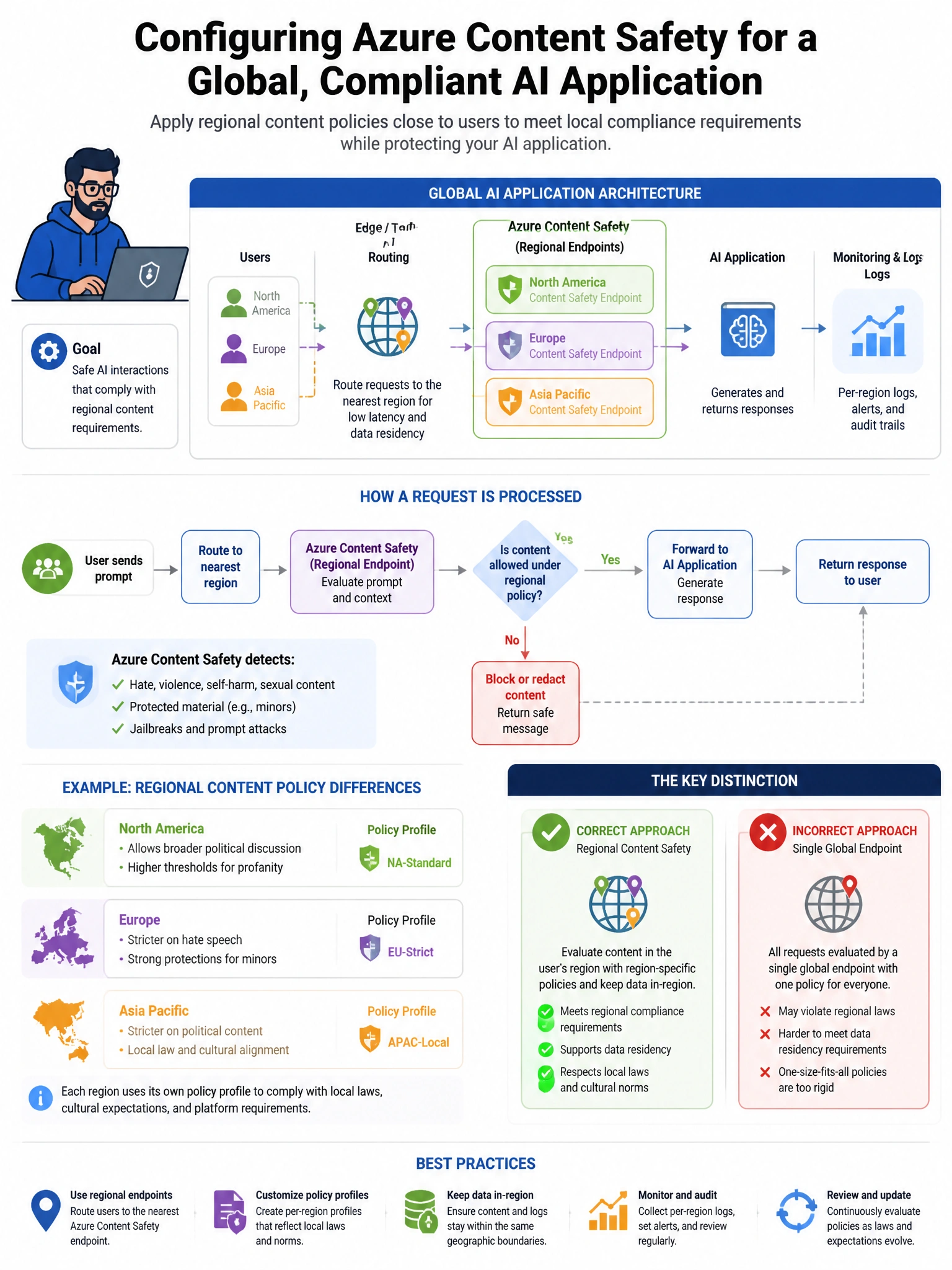 Portrait educational infographic teaching: A security engineer is configuring Azure Content Safety for a customer-facing AI application. The application serves users in multiple regions and must comply with regional content. Show labeled components, decision flow, and the key distinction that makes the correct answer correct. Clean modern diagram style.