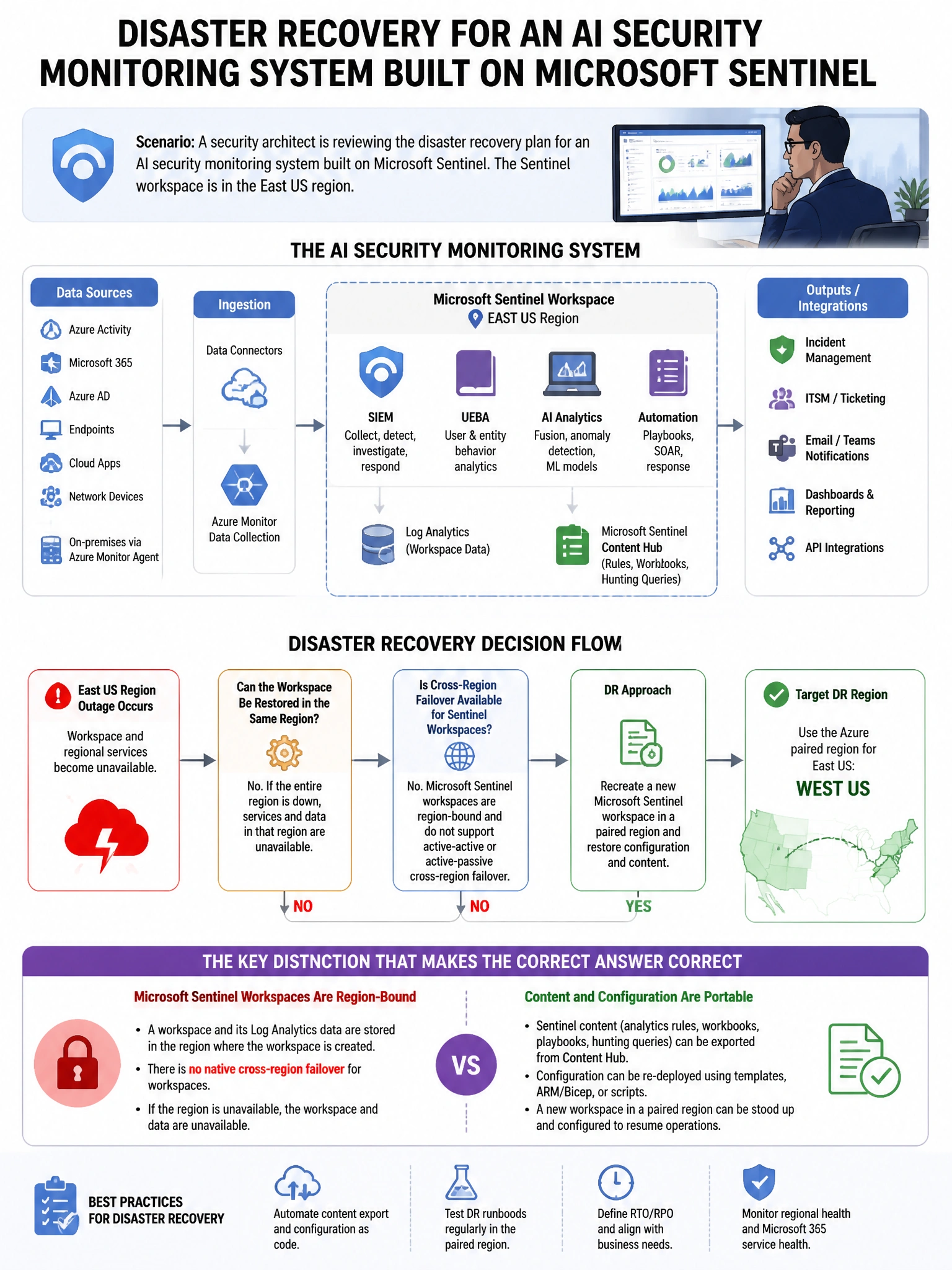 Portrait educational infographic teaching: A security architect is reviewing the disaster recovery plan for an AI security monitoring system built on Microsoft Sentinel. The Sentinel workspace is in the East US region. If E. Show labeled components, decision flow, and the key distinction that makes the correct answer correct. Clean modern diagram style.