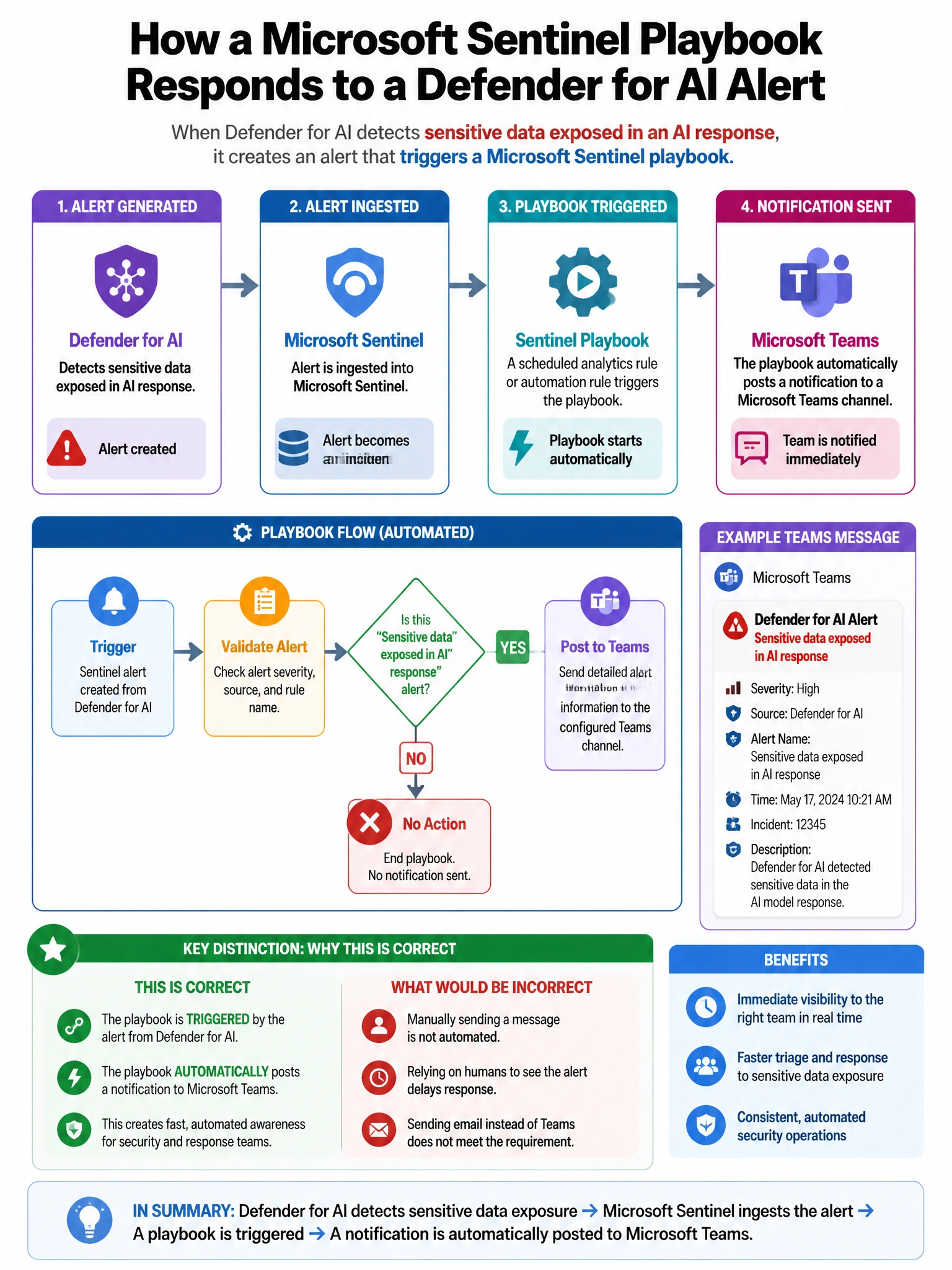 Portrait educational infographic teaching: A Microsoft Sentinel playbook is triggered when a Defender for AI alert fires for 'Sensitive data exposed in AI response.' The playbook must automatically post a notification to a . Show labeled components, decision flow, and the key distinction that makes the correct answer correct. Clean modern diagram style.