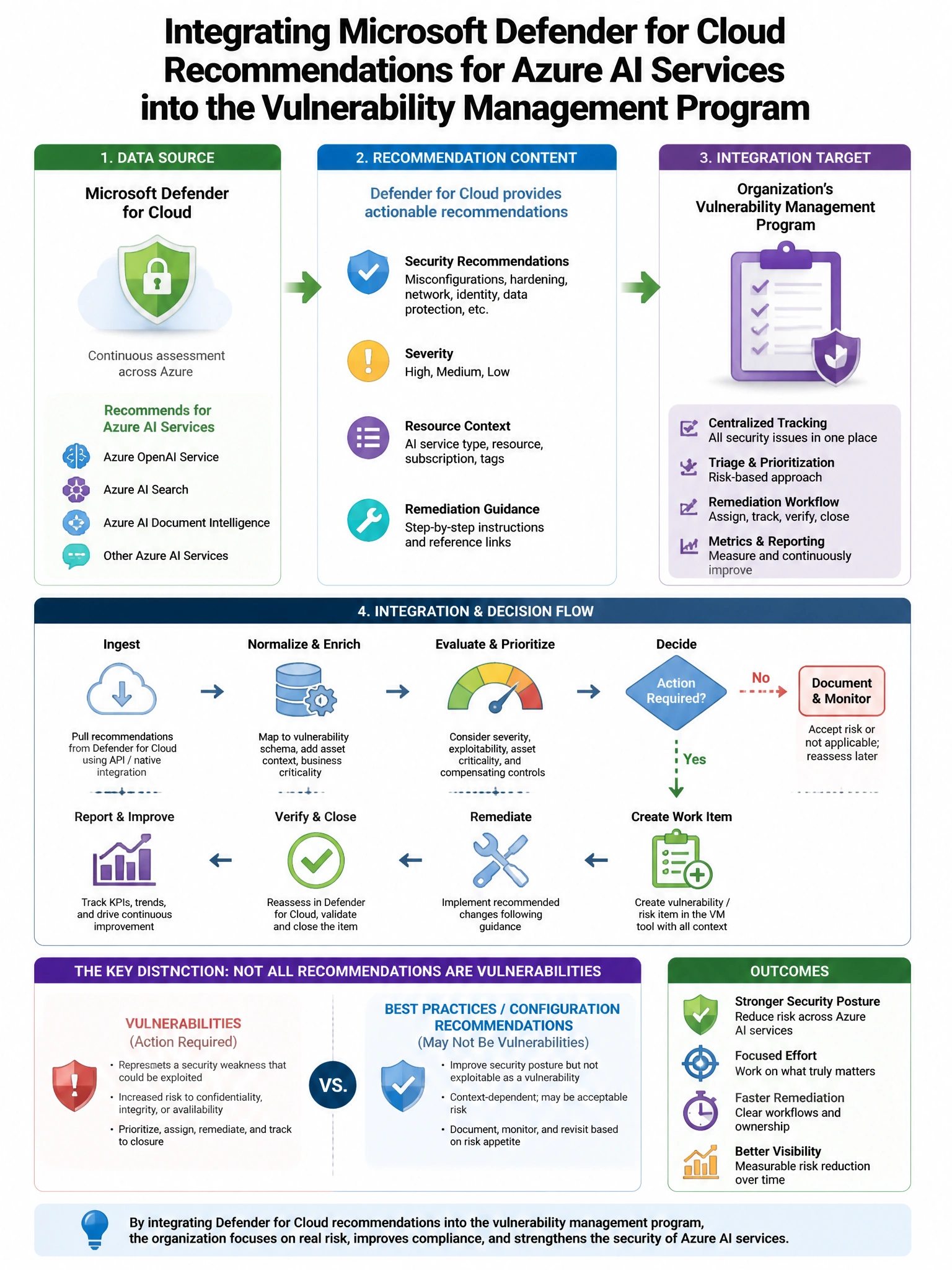 Portrait educational infographic teaching: A security engineer is integrating Microsoft Defender for Cloud recommendations for Azure AI services into the organization's vulnerability management program. Defender for Cloud s. Show labeled components, decision flow, and the key distinction that makes the correct answer correct. Clean modern diagram style.