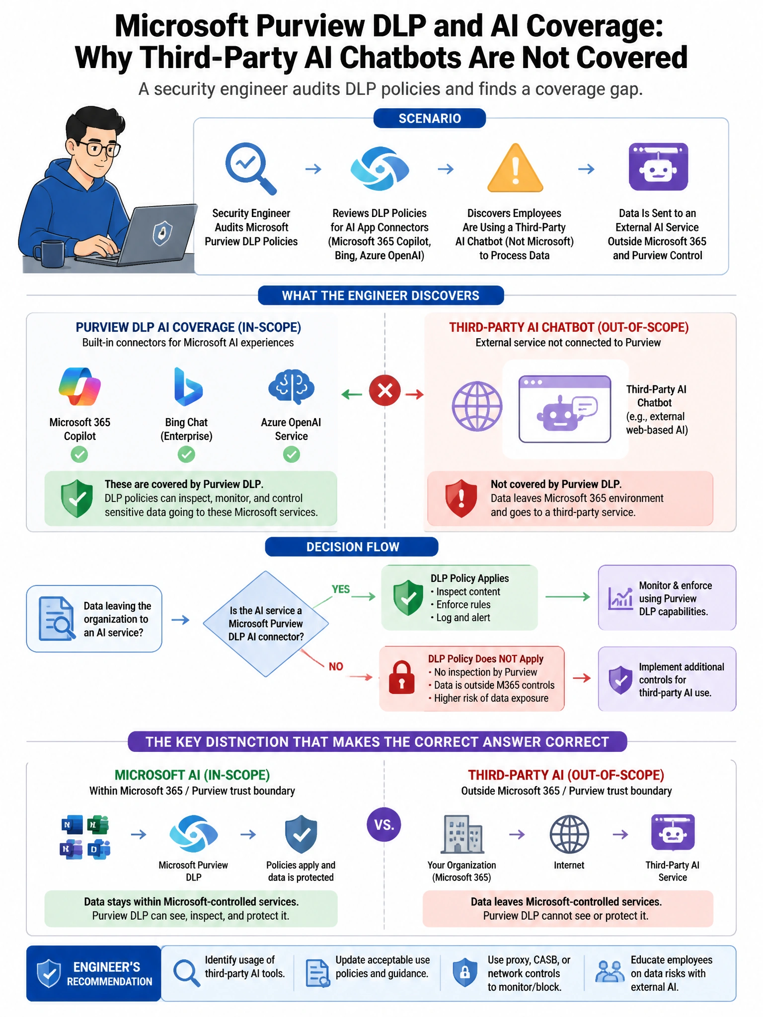 Portrait educational infographic teaching: A security engineer is auditing an organization's Microsoft Purview DLP policies for AI coverage. The engineer discovers that employees are using a third-party AI chatbot (not Micr. Show labeled components, decision flow, and the key distinction that makes the correct answer correct. Clean modern diagram style.