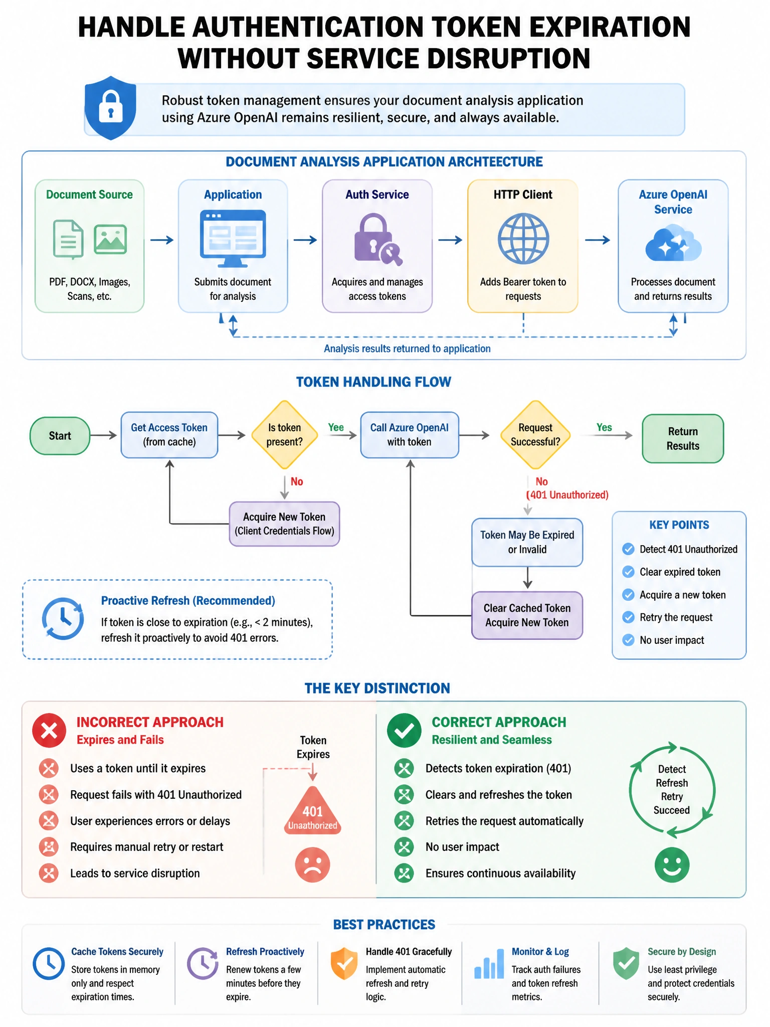 Portrait educational infographic teaching: A security engineer at a company using Azure OpenAI for document analysis needs to ensure that the application properly handles authentication token expiration without service disr. Show labeled components, decision flow, and the key distinction that makes the correct answer correct. Clean modern diagram style.