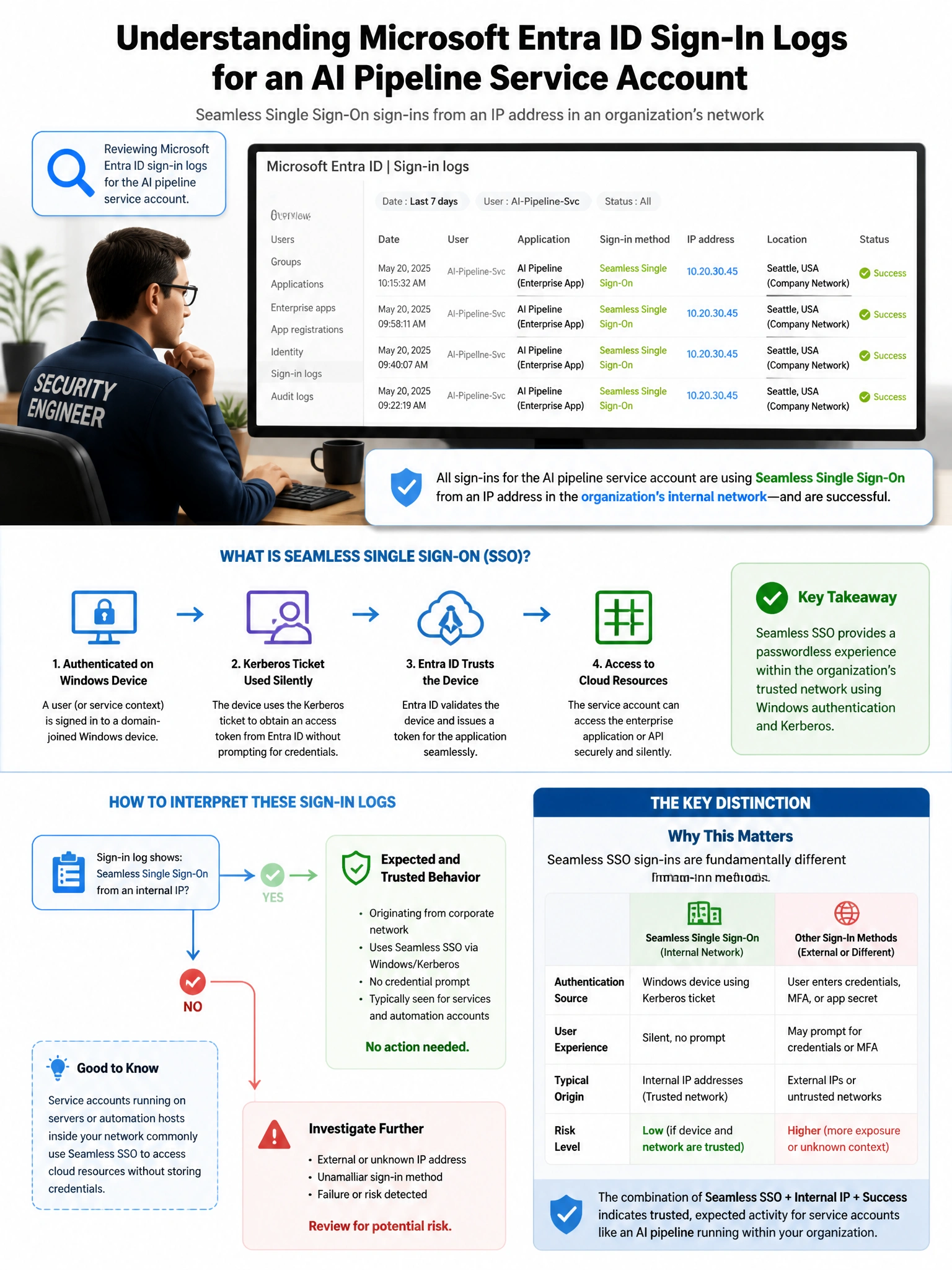 Portrait educational infographic teaching: A security engineer is reviewing Microsoft Entra ID sign-in logs for an AI pipeline service account. The logs show sign-ins using 'Seamless Single Sign-On' from an IP address in an. Show labeled components, decision flow, and the key distinction that makes the correct answer correct. Clean modern diagram style.
