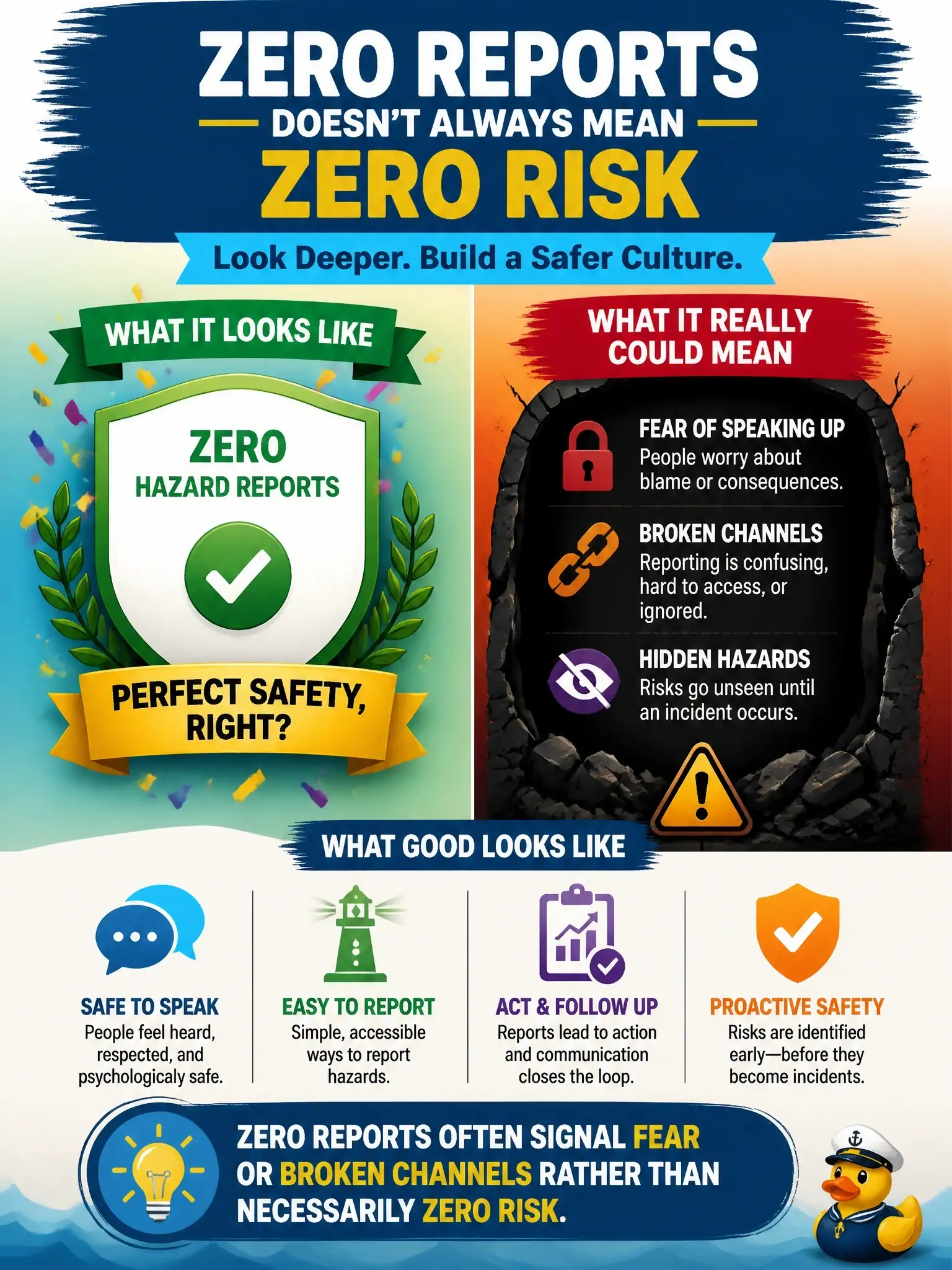 To Create an exciting colorful infographic that explains the concepts in the question: Question: Leadership celebrates a quarter with zero hazard reports as proof of perfect safety. What point should the risk manager raise with leadership? Correct Answer: Zero reports often signal fear or broken channels rather than necessarily zero risk. Put EVERY visible label in double quotes. No people. No A/B/C/D letters. In one of the four corners put a little "Navy Duck".