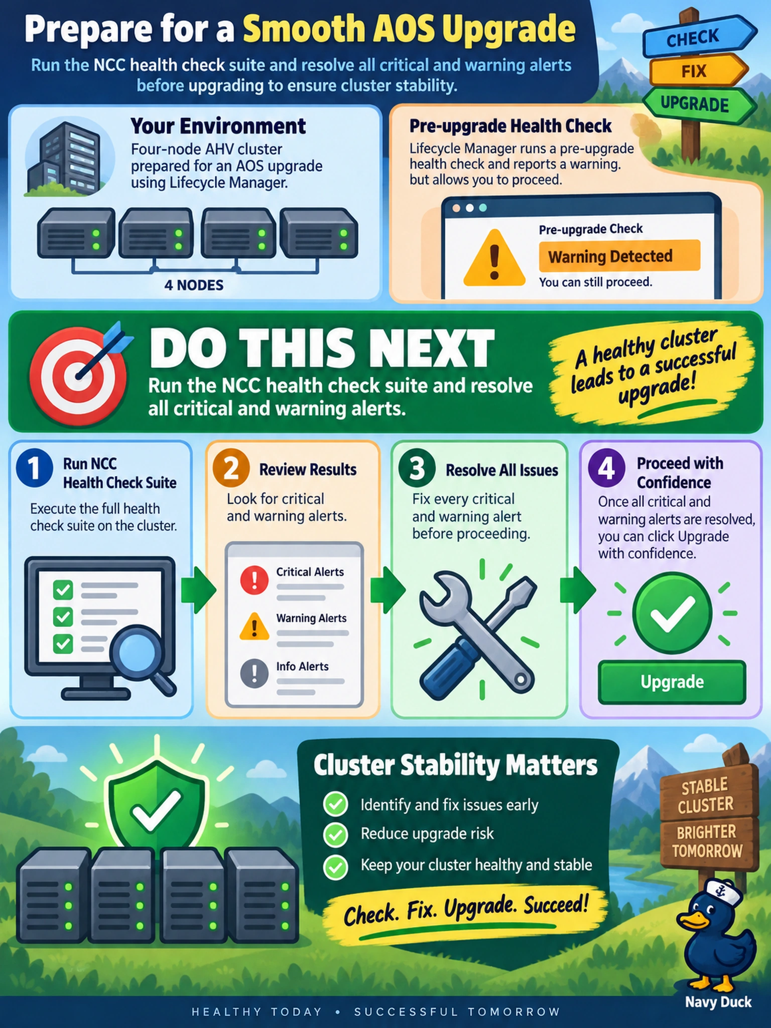 To Create an exciting colorful infographic that explains the concepts in the question: Question: You are preparing a four-node AHV cluster for an AOS upgrade using Lifecycle Manager. The LCM pre-upgrade health check reports a warning but allows you to proceed. Before clicking 'Upgrade', what is the most appropriate action to ensure cluster stability? Correct Answer: Run the NCC health check suite and resolve all critical and warning alerts. Put EVERY visible label in double quotes. No people. No A/B/C/D letters. In one of the four corners put a little "Navy Duck".