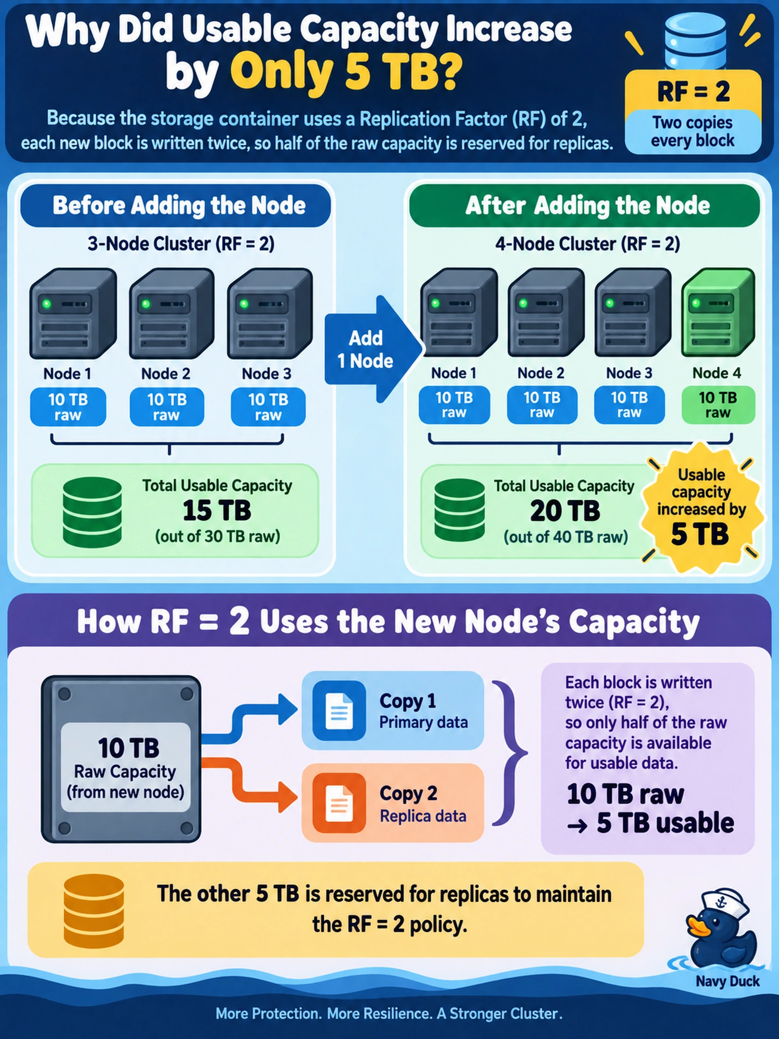 To Create an exciting colorful infographic that explains the concepts in the question: Question: An administrator adds a single new node to an existing 3-node AHV cluster. The cluster uses a default storage container with a Replication Factor (RF) of 2. The new node contributes 10 TB of raw flash capacity. The administrator expects the total usable capacity of the cluster to increase by 10 TB. However, the capacity dashboard shows only a 5 TB increase in usable capacity. What is the primary reason for this discrepancy? Correct Answer: The RF=2 policy writes each new block twice, so half the raw capacity is reserved for replicas. Put EVERY visible label in double quotes. No people. No A/B/C/D letters. In one of the four corners put a little "Navy Duck".