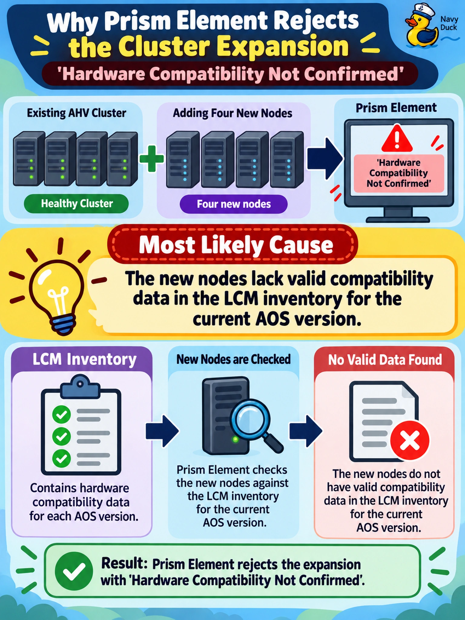 To Create an exciting colorful infographic that explains the concepts in the question: Question: You are adding four new nodes to an existing AHV cluster. Prism Element rejects the expansion with a 'Hardware Compatibility Not Confirmed' error. What is the most likely cause? Correct Answer: The new nodes lack valid compatibility data in the LCM inventory for the current AOS version. Put EVERY visible label in double quotes. No people. No A/B/C/D letters. In one of the four corners put a little "Navy Duck".