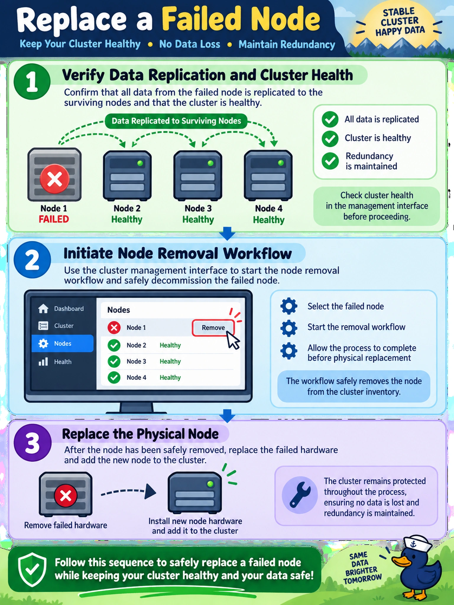To Create an exciting colorful infographic that explains the concepts in the question: Question: A physical node in a four-node Nutanix AHV cluster has failed and requires hardware replacement. The administrator needs to remove the failed node from the cluster inventory and insert the new node, ensuring that no data is lost and cluster redundancy is maintained throughout the process. Which sequence of actions should the administrator perform first? Correct Answer: Verify that all data is replicated to surviving nodes and that the cluster is healthy, then initiate the node removal workflow in Prism Element to safely decommission the failed node before physical replacement. Put EVERY visible label in double quotes. No people. No A/B/C/D letters. In one of the four corners put a little "Navy Duck".