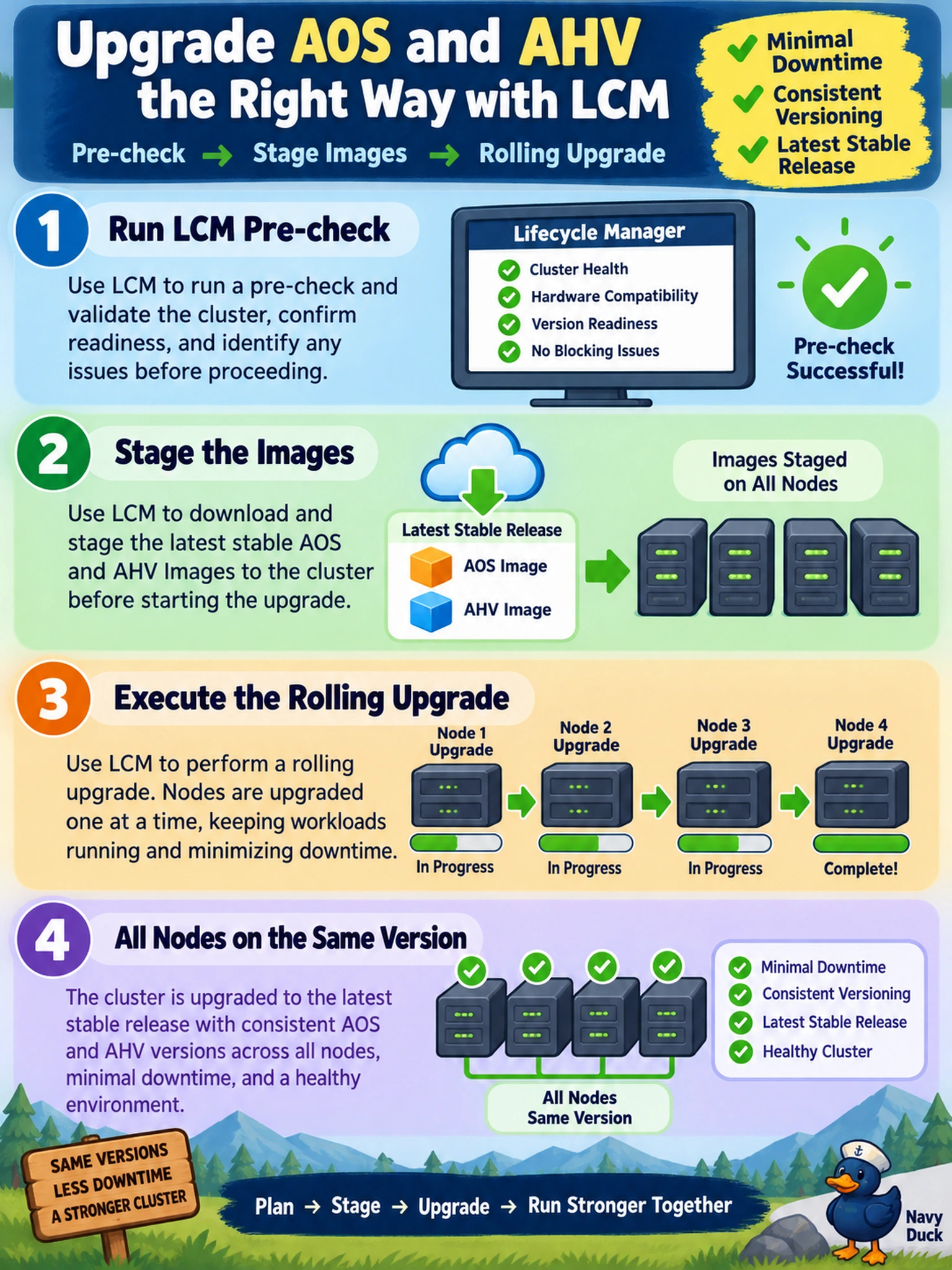 To Create an exciting colorful infographic that explains the concepts in the question: Question: An administrator needs to upgrade both AOS and AHV on a 4-node Nutanix cluster to the latest stable release. The environment requires minimal downtime and consistent versioning across all nodes. Which method should the engineer use to perform this upgrade? Correct Answer: Use LCM to run a pre-check, stage the images, and execute the rolling upgrade. Put EVERY visible label in double quotes. No people. No A/B/C/D letters. In one of the four corners put a little "Navy Duck".