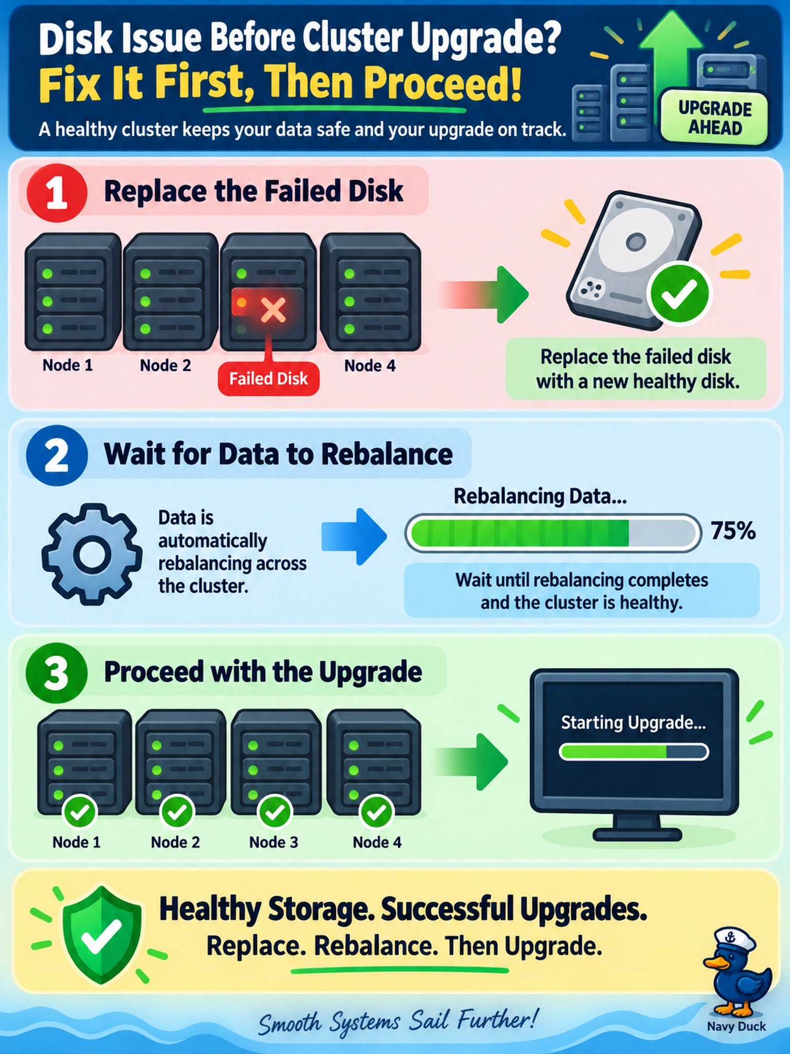To Create an exciting colorful infographic that explains the concepts in the question: Question: You are planning a LCM upgrade for a 4-node AHV cluster. The LCM pre-check reports a single disk in a failed state. The customer insists on proceeding to meet a change window deadline. What is the required action before initiating the upgrade? Correct Answer: Replace the failed disk and wait for the data to rebalance before proceeding. Put EVERY visible label in double quotes. No people. No A/B/C/D letters. In one of the four corners put a little "Navy Duck".