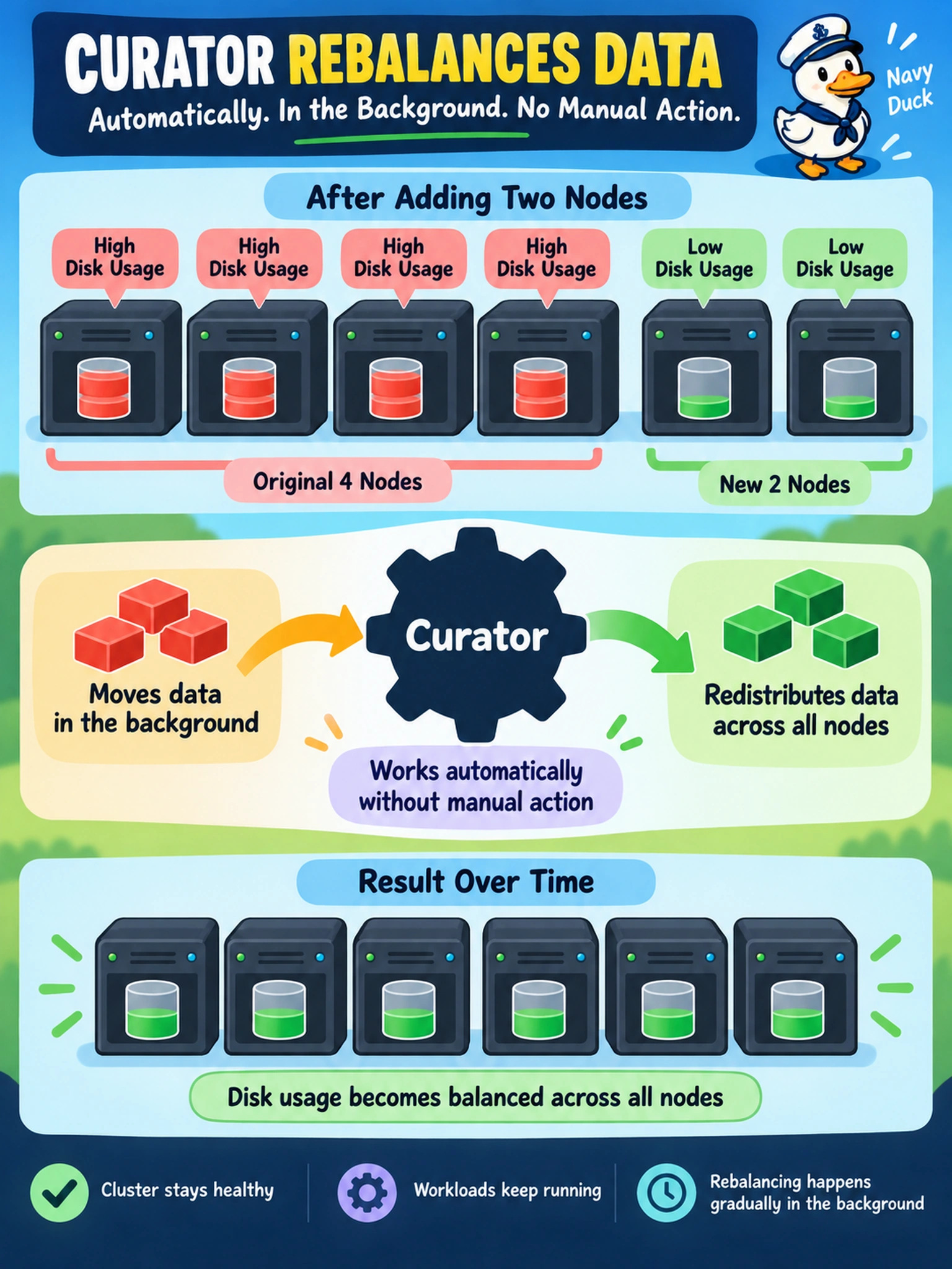 To Create an exciting colorful infographic that explains the concepts in the question: Question: You add two nodes to a four-node AHV cluster. An hour later, Prism shows the original nodes with high disk usage and the new nodes with low usage. The cluster is healthy and workloads are running. What should you expect? Correct Answer: Curator rebalances data in the background without manual action. Put EVERY visible label in double quotes. No people. No A/B/C/D letters. In one of the four corners put a little "Navy Duck".