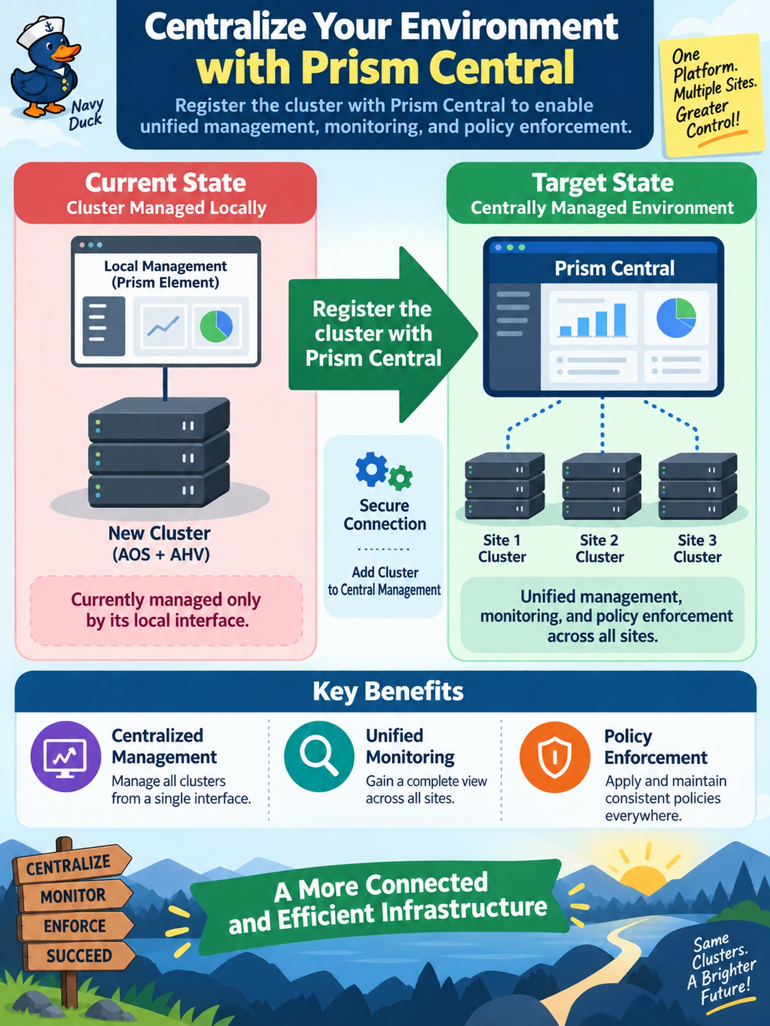 To Create an exciting colorful infographic that explains the concepts in the question: Question: You have just completed the initial configuration of a new Nutanix cluster running AOS and AHV. The cluster is currently managed solely by its local Prism Element interface. Your organization requires centralized management, unified monitoring, and policy enforcement across this new cluster and several existing sites using Prism Central. Which action must you perform to achieve this centralized management? Correct Answer: Register the cluster with Prism Central. Put EVERY visible label in double quotes. No people. No A/B/C/D letters. In one of the four corners put a little "Navy Duck".