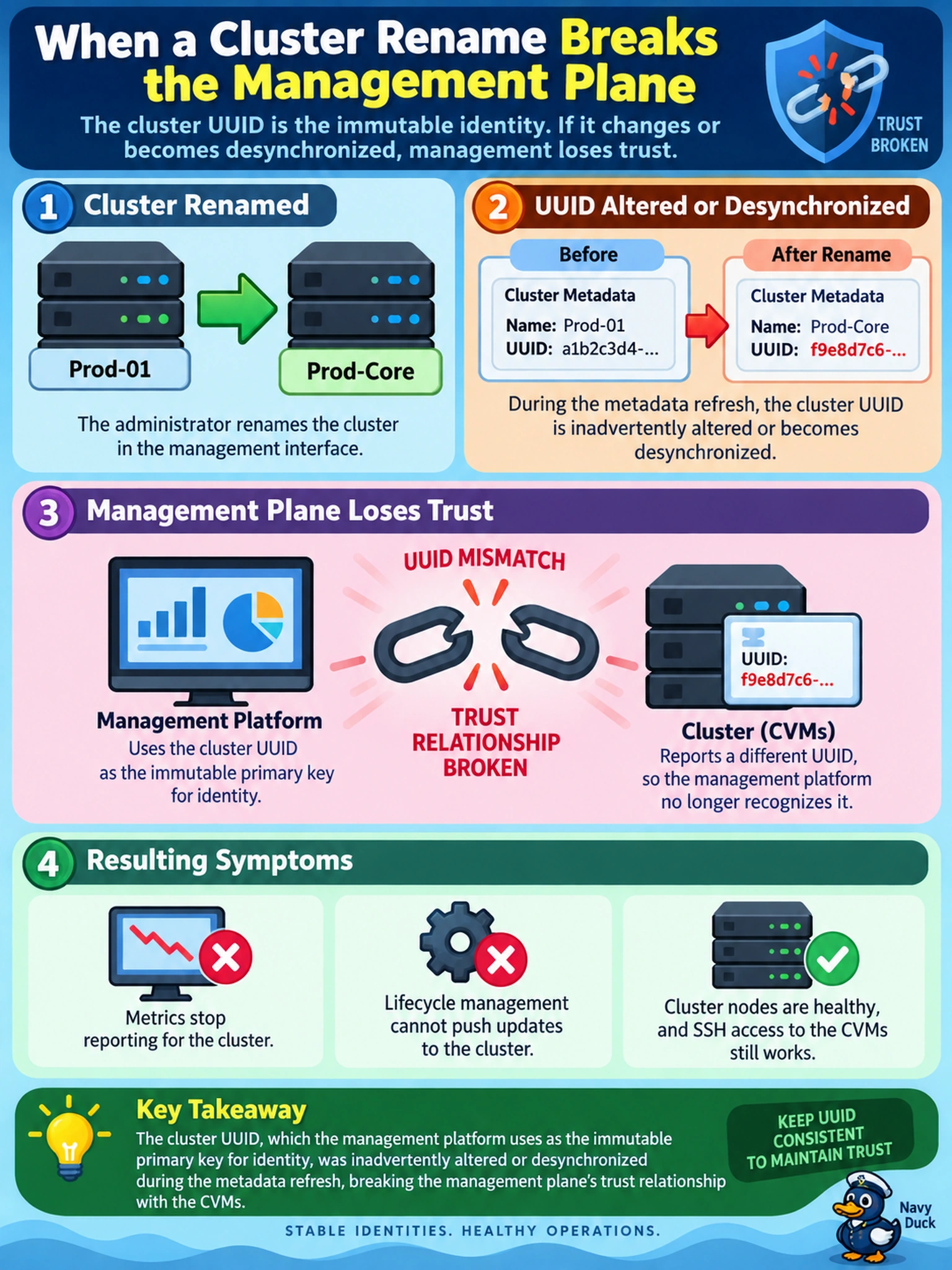 To Create an exciting colorful infographic that explains the concepts in the question: Question: An administrator renames a production cluster from 'Prod-01' to 'Prod-Core' via Prism Element to align with a new naming convention. Several hours later, Prism Central stops reporting metrics for this cluster, and LCM cannot push updates to it. The cluster nodes are healthy, and SSH access to the CVMs works. What is the most likely cause of this management-plane disruption? Correct Answer: The cluster UUID, which Prism Central and LCM use as the immutable primary key for identity, was inadvertently altered or desynchronized during the metadata refresh, breaking the management plane's trust relationship with the CVMs. Put EVERY visible label in double quotes. No people. No A/B/C/D letters. In one of the four corners put a little "Navy Duck".