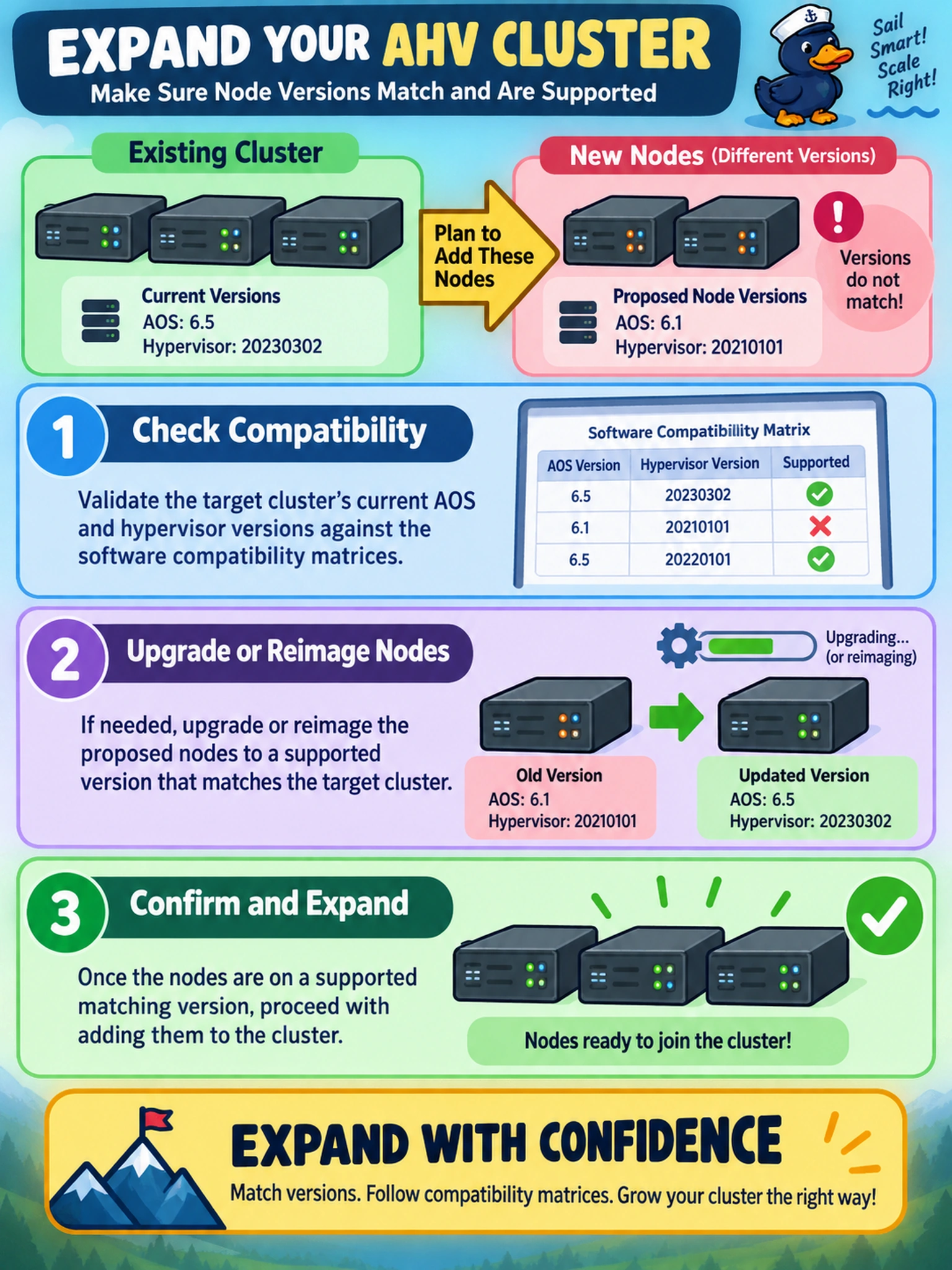 To Create an exciting colorful infographic that explains the concepts in the question: Question: Your team plans to expand an AHV cluster using nodes that run a different AOS and hypervisor version than the existing cluster. Before adding the nodes, what should the engineer do? Correct Answer: Validate the target cluster's current AOS and hypervisor versions against Nutanix software compatibility matrices, and upgrade or reimage the proposed nodes to a supported matching version before expansion. Put EVERY visible label in double quotes. No people. No A/B/C/D letters. In one of the four corners put a little "Navy Duck".