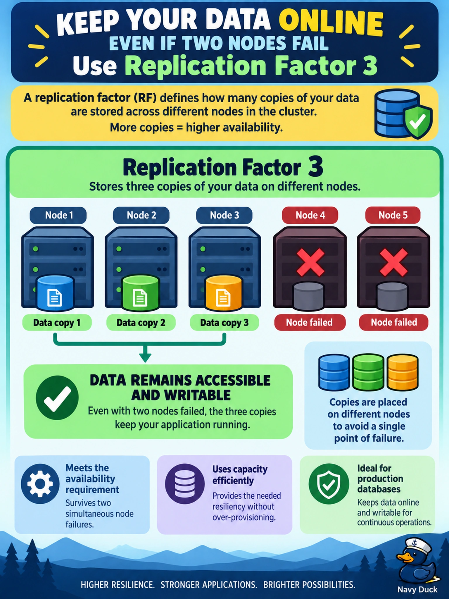 To Create an exciting colorful infographic that explains the concepts in the question: Question: You are provisioning a new storage container for a production database on a Nutanix cluster. The application requires that data remains accessible and writable even if two nodes fail simultaneously. You have sufficient raw capacity available on the cluster. Which replication factor should you configure for this container to meet the availability requirement without over-provisioning? Correct Answer: Replication Factor 3 Put EVERY visible label in double quotes. No people. No A/B/C/D letters. In one of the four corners put a little "Navy Duck".
