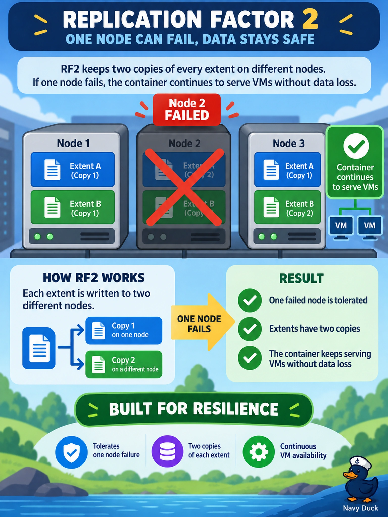 To Create an exciting colorful infographic that explains the concepts in the question: Question: A production container is configured with Replication Factor 2. During maintenance, one AHV node fails and is powered off. The administrator must confirm the container can continue serving VMs without data loss. Which failure domain does RF2 provide? Correct Answer: One failed node is tolerated; extents have two copies. Put EVERY visible label in double quotes. No people. No A/B/C/D letters. In one of the four corners put a little "Navy Duck".