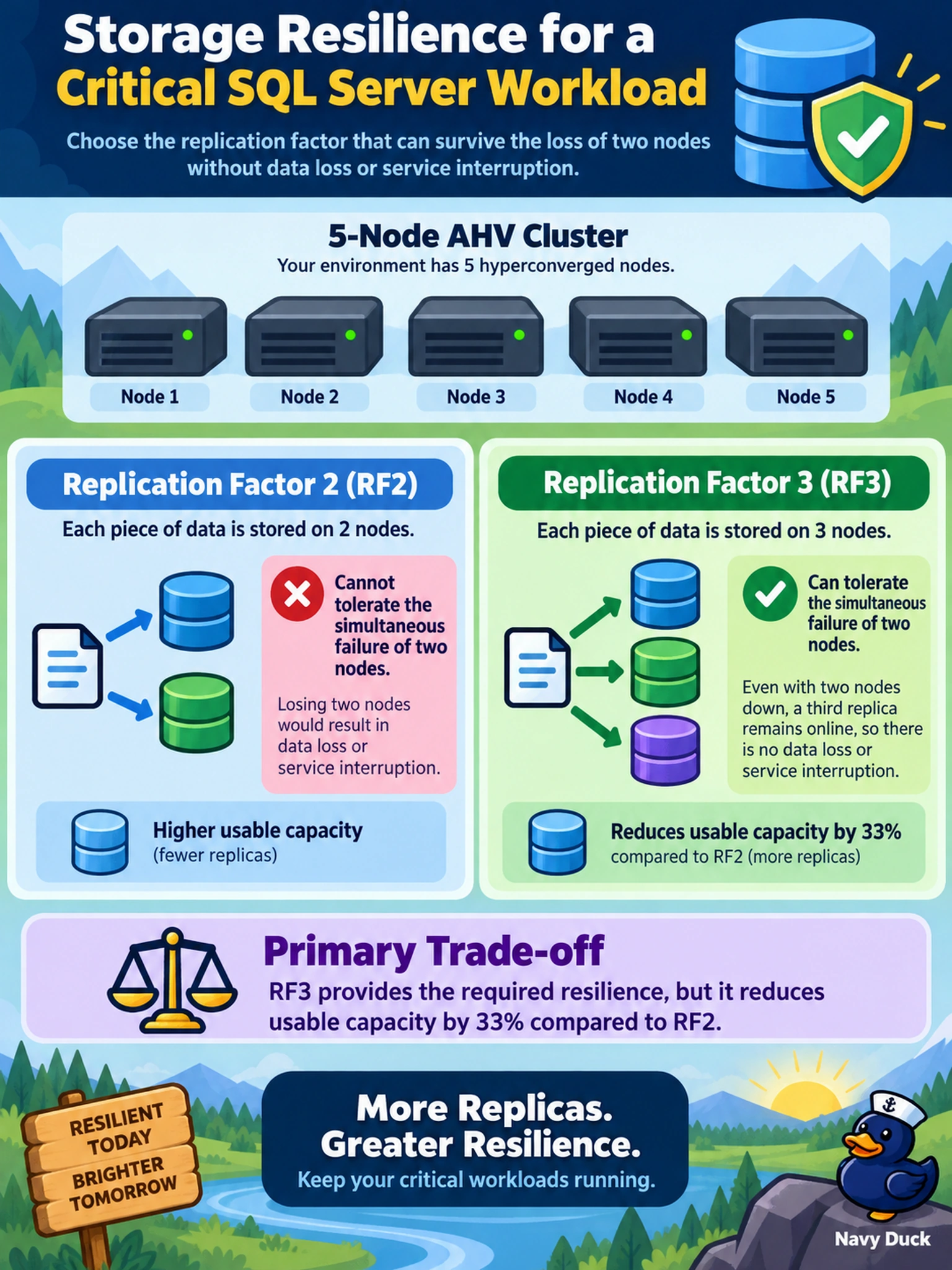 To Create an exciting colorful infographic that explains the concepts in the question: Question: You are provisioning a new container for a critical SQL Server workload on a 5-node AHV cluster. The CISO mandates that the storage layer must tolerate the simultaneous failure of two nodes without data loss or service interruption. You must choose between configuring the container for Replication Factor 2 (RF2) or Replication Factor 3 (RF3). Which configuration meets the resilience requirement, and what is the primary trade-off? Correct Answer: RF3 meets the requirement but reduces usable capacity by 33% compared to RF2. Put EVERY visible label in double quotes. No people. No A/B/C/D letters. In one of the four corners put a little "Navy Duck".