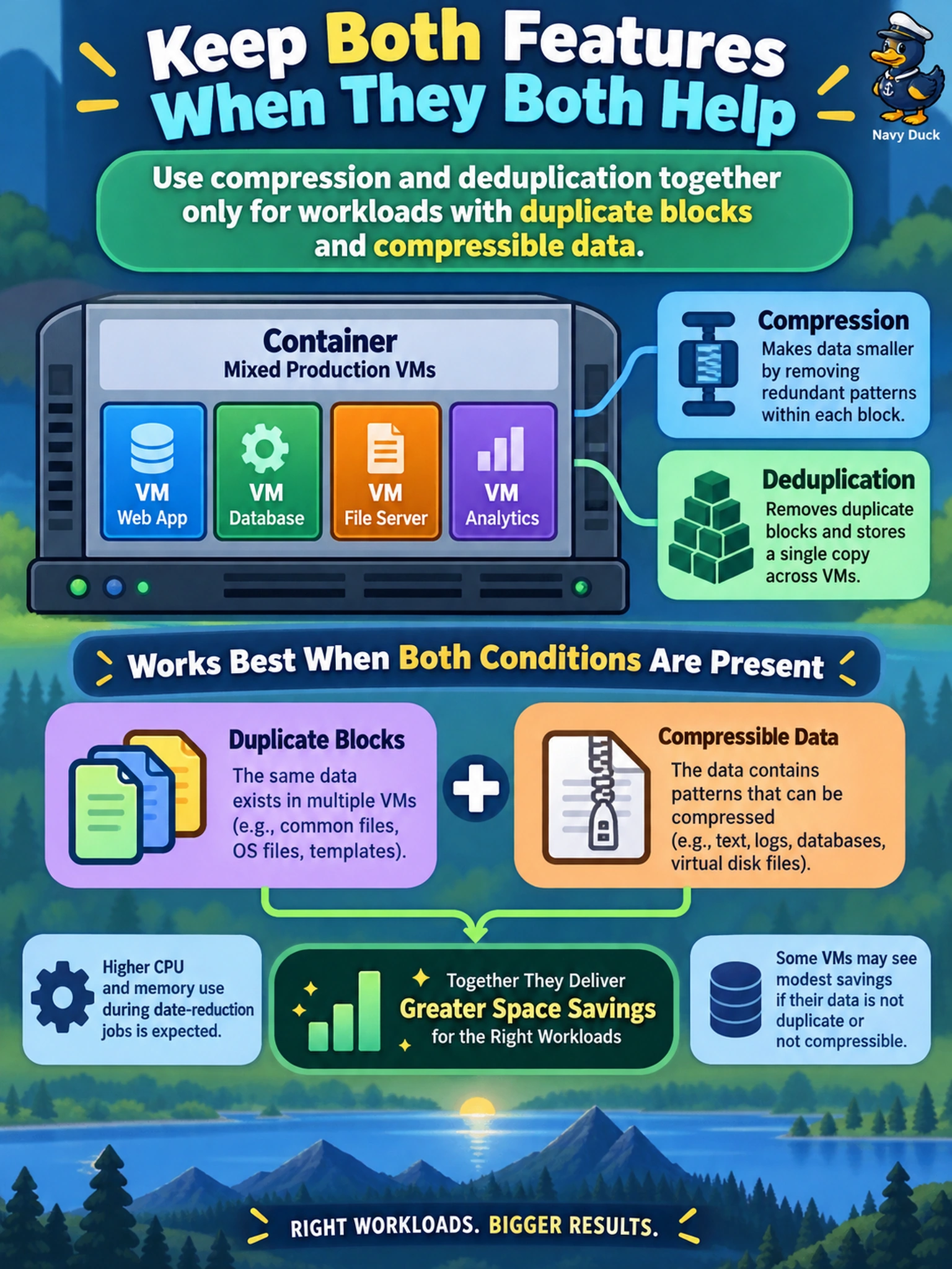 To Create an exciting colorful infographic that explains the concepts in the question: Question: A container hosts mixed production VMs. Both compression and deduplication are enabled. During data-reduction jobs, node CPU and memory use rises, and capacity savings are modest for some VMs. Which condition best justifies keeping both features enabled on this container? Correct Answer: Use both only for workloads with duplicate blocks and compressible data. Put EVERY visible label in double quotes. No people. No A/B/C/D letters. In one of the four corners put a little "Navy Duck".