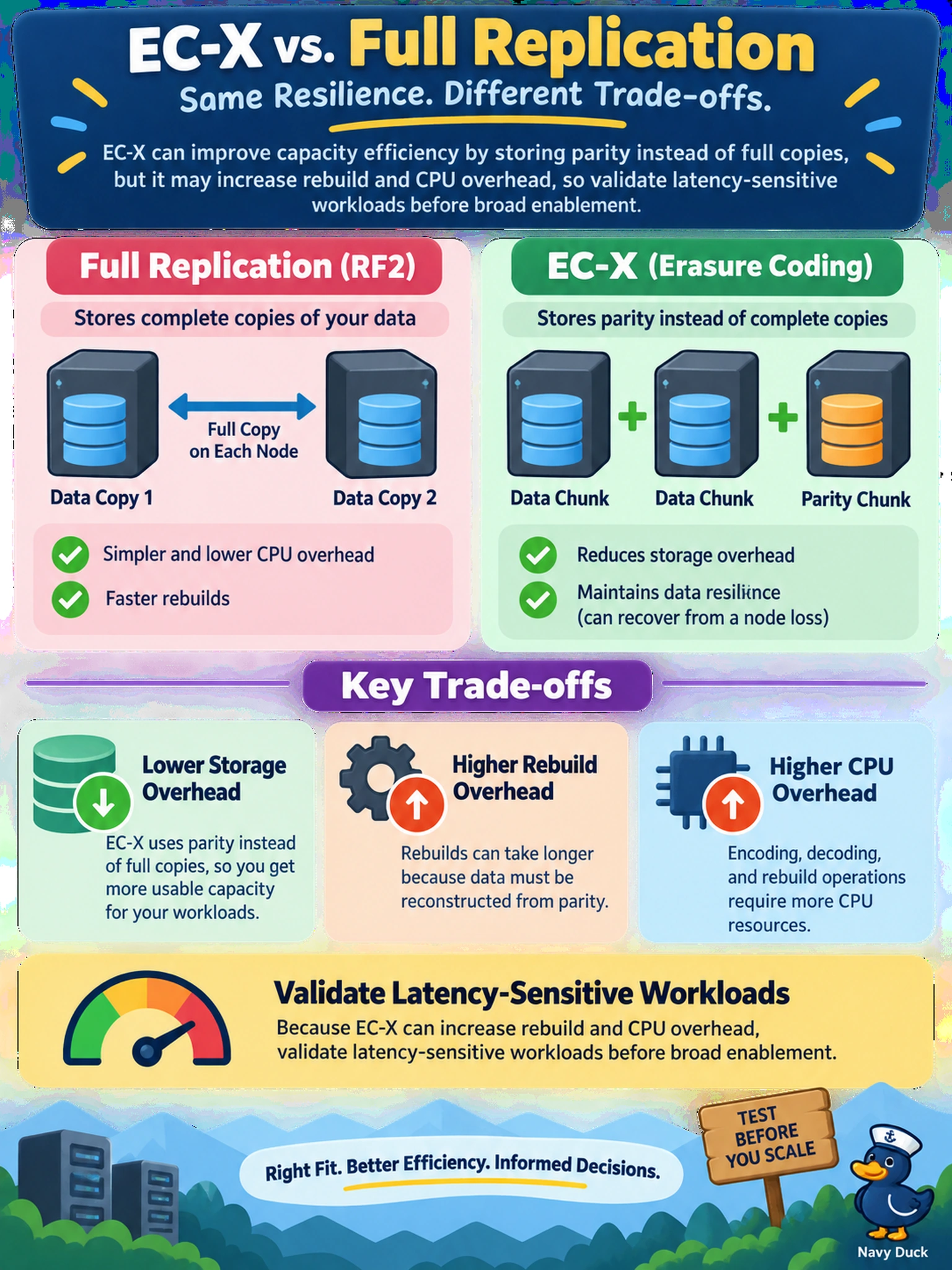 To Create an exciting colorful infographic that explains the concepts in the question: Question: A Nutanix administrator is reviewing capacity efficiency on an AHV cluster using RF2 containers. Management proposes enabling EC-X instead of keeping full replication for selected workloads. Which statement best describes the trade-off? Correct Answer: EC-X reduces the storage overhead compared with full replication by storing parity instead of complete copies, but it can increase rebuild and CPU overhead, so validate latency-sensitive workloads before broad enablement. Put EVERY visible label in double quotes. No people. No A/B/C/D letters. In one of the four corners put a little "Navy Duck".