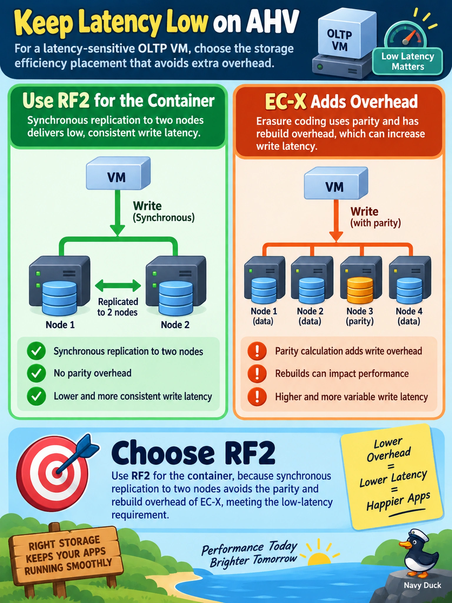 To Create an exciting colorful infographic that explains the concepts in the question: Question: A latency-sensitive OLTP VM on AHV is moved from an RF2 container to an EC-X container, and write latency rises. Which storage efficiency placement should an administrator choose to meet the low-latency requirement? Correct Answer: Use RF2 for the container, because synchronous replication to two nodes avoids the parity and rebuild overhead of EC-X Put EVERY visible label in double quotes. No people. No A/B/C/D letters. In one of the four corners put a little "Navy Duck".