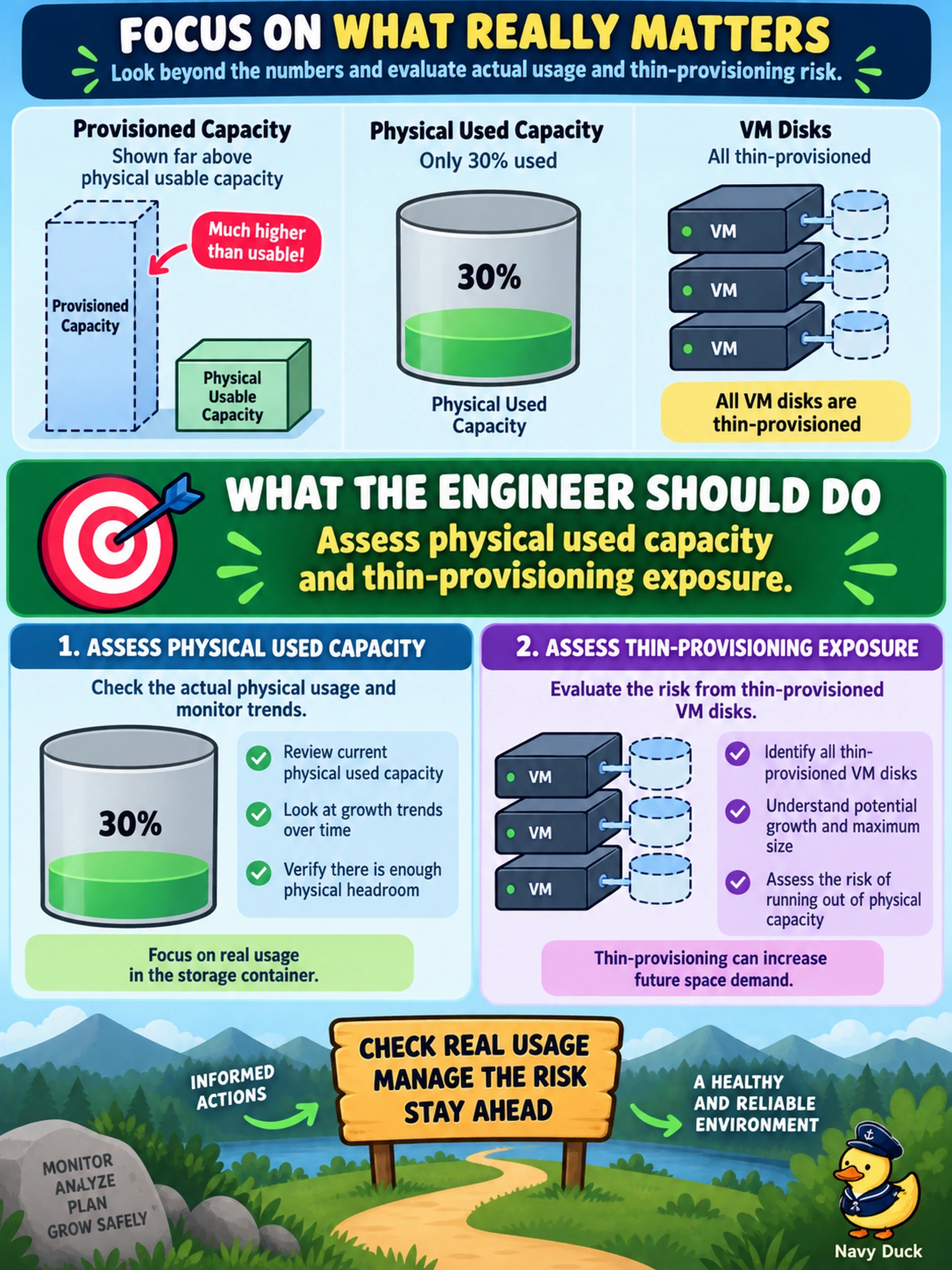 To Create an exciting colorful infographic that explains the concepts in the question: Question: In Prism Element, a storage container reports provisioned capacity far above physical usable capacity, while physical used capacity is only 30%. All attached VM disks are thin-provisioned. What should the engineer do? Correct Answer: Assess physical used capacity and thin-provisioning exposure. Put EVERY visible label in double quotes. No people. No A/B/C/D letters. In one of the four corners put a little "Navy Duck".