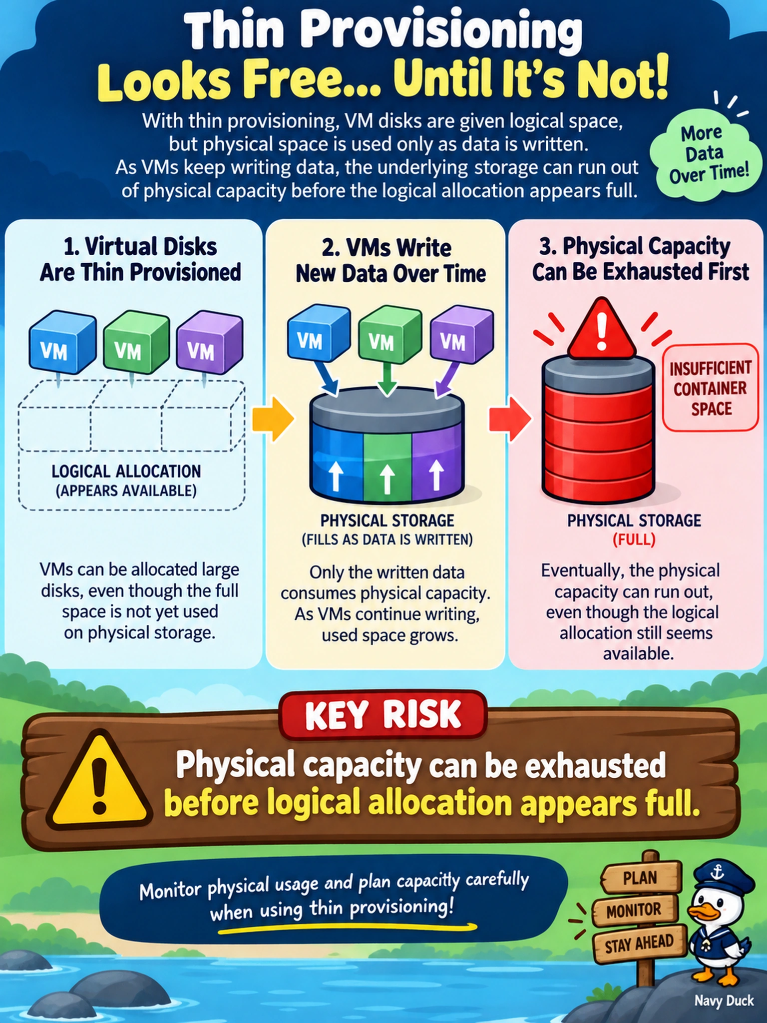 To Create an exciting colorful infographic that explains the concepts in the question: Question: On an AHV cluster, a storage container has thin provisioning enabled for VM disks. VMs continue writing new data, and Prism Central eventually reports insufficient container space even though allocated capacity seemed available. Which risk does thin provisioning introduce? Correct Answer: Physical capacity can be exhausted before logical allocation appears full. Put EVERY visible label in double quotes. No people. No A/B/C/D letters. In one of the four corners put a little "Navy Duck".