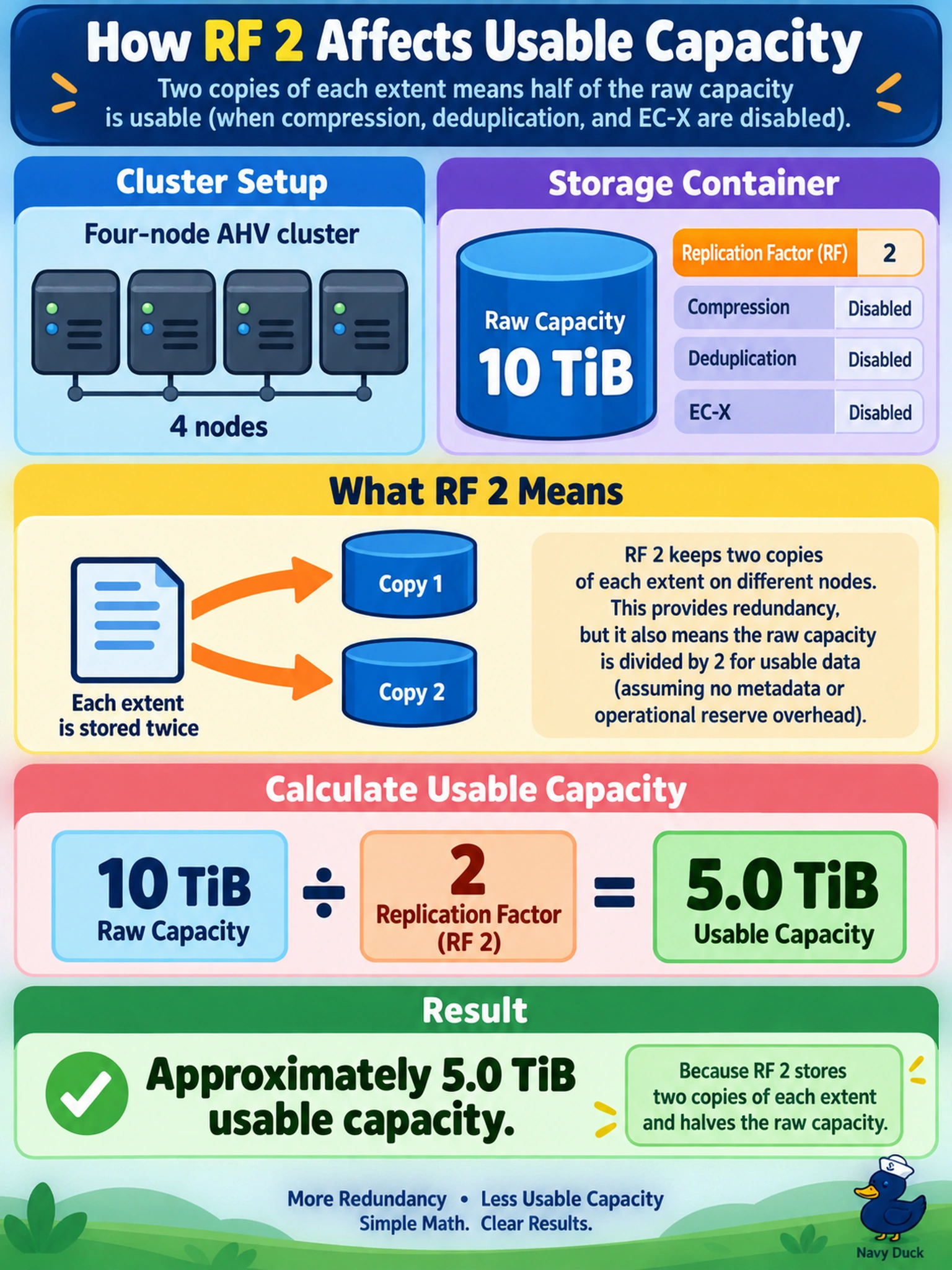 To Create an exciting colorful infographic that explains the concepts in the question: Question: An administrator configures a storage container with 10 TiB of raw capacity on a four-node AHV cluster. The container uses RF 2, with compression, deduplication, and EC-X disabled. Assuming no metadata or operational reserve overhead, what is the approximate maximum usable capacity? Correct Answer: Approximately 5.0 TiB, because RF 2 stores two copies of each extent and halves the raw capacity. Put EVERY visible label in double quotes. No people. No A/B/C/D letters. In one of the four corners put a little "Navy Duck".