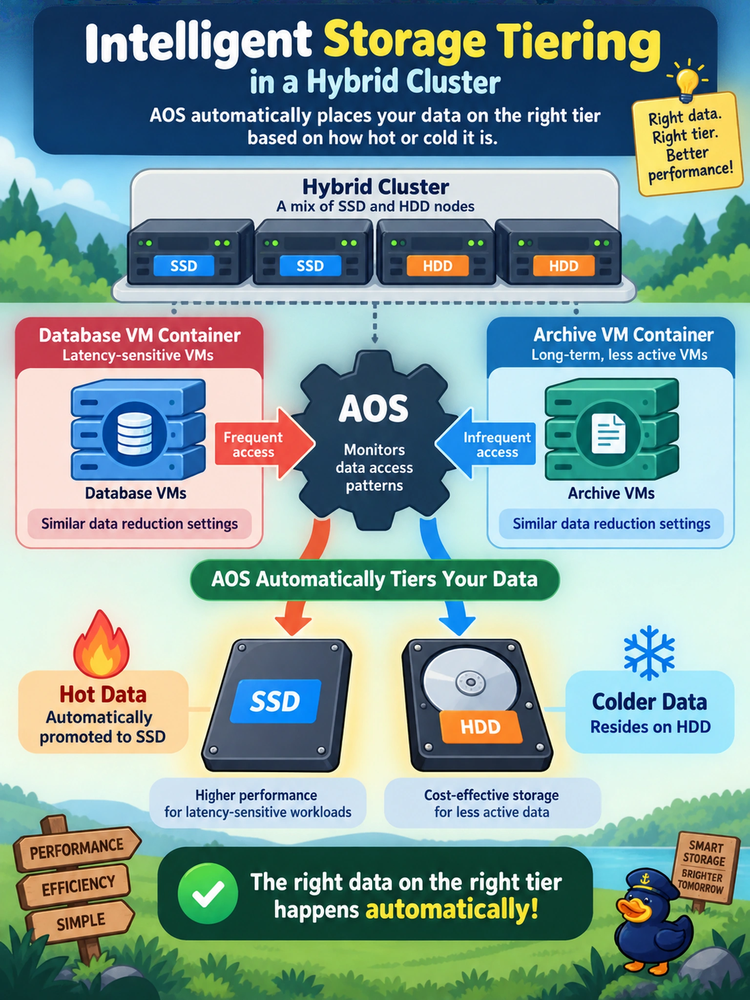 To Create an exciting colorful infographic that explains the concepts in the question: Question: A hybrid Nutanix cluster contains both SSD and HDD nodes. An admin creates a container for latency-sensitive database VMs and another for archive VMs, both with similar data reduction settings. Which statement best describes how AOS handles storage tier behavior for these workloads? Correct Answer: Hot data is automatically promoted to SSD, while colder data resides on HDD. Put EVERY visible label in double quotes. No people. No A/B/C/D letters. In one of the four corners put a little "Navy Duck".