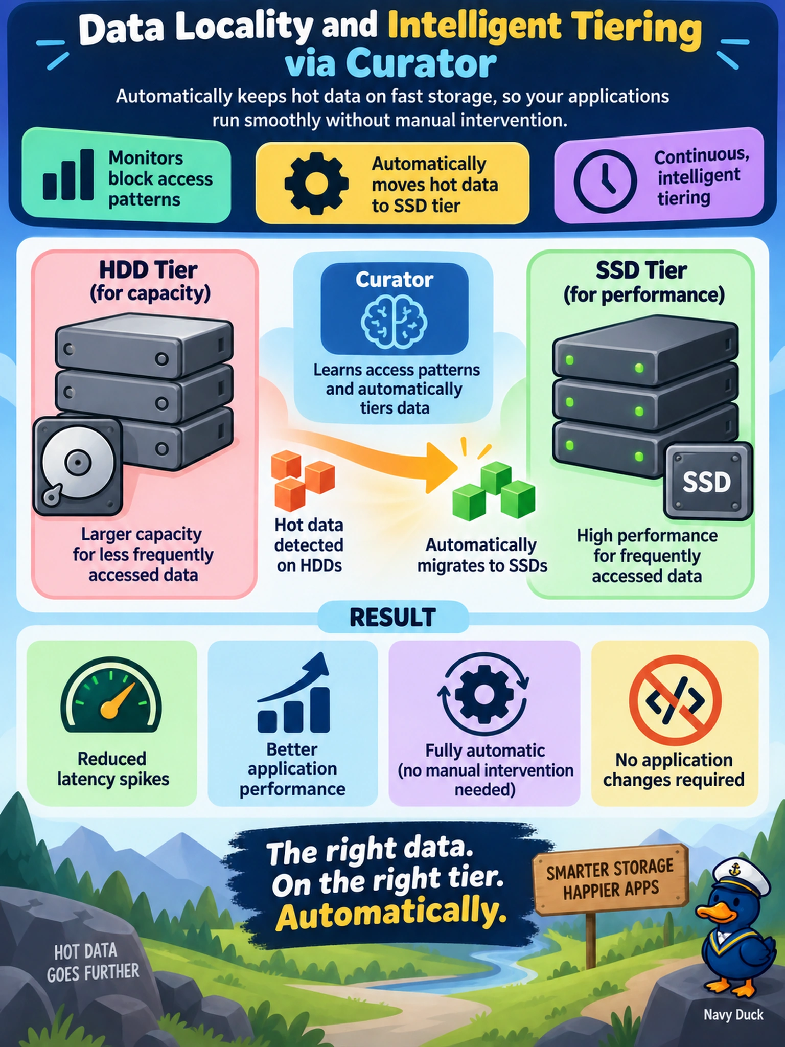 To Create an exciting colorful infographic that explains the concepts in the question: Question: In a hybrid Nutanix cluster, an application experiences sporadic latency spikes. Analysis shows that a small subset of frequently accessed blocks resides on HDDs while less frequently accessed data occupies SSDs. You need to ensure that hot data automatically migrates to the SSD tier without manual intervention or application changes. Which AOS storage feature provides this behavior? Correct Answer: Data locality and intelligent tiering via Curator Put EVERY visible label in double quotes. No people. No A/B/C/D letters. In one of the four corners put a little "Navy Duck".