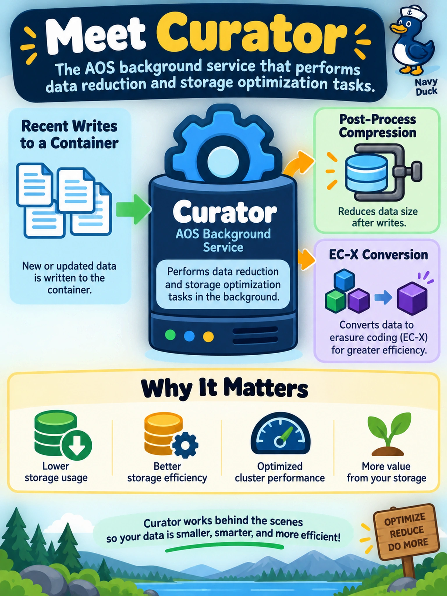 To Create an exciting colorful infographic that explains the concepts in the question: Question: An administrator notices that post-process compression and EC-X conversion are not completing on a container after recent writes. Which Nutanix AOS component should be checked because it performs these background storage optimization and data-reduction tasks? Correct Answer: Curator, the AOS background service that performs data reduction and storage optimization tasks Put EVERY visible label in double quotes. No people. No A/B/C/D letters. In one of the four corners put a little "Navy Duck".