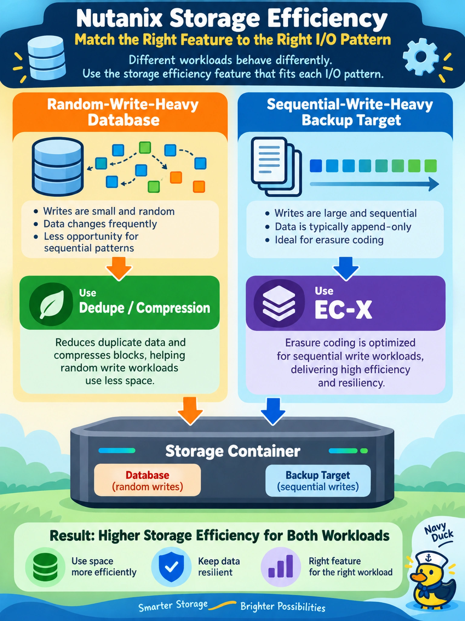 To Create an exciting colorful infographic that explains the concepts in the question: Question: A Nutanix administrator is tuning storage efficiency on a container that hosts both a random-write-heavy database and a sequential-write-heavy backup target. Which placement best matches Nutanix storage efficiency behavior to these I/O patterns? Correct Answer: Use EC-X for sequential writes and dedupe/compression for random writes. Put EVERY visible label in double quotes. No people. No A/B/C/D letters. In one of the four corners put a little "Navy Duck".