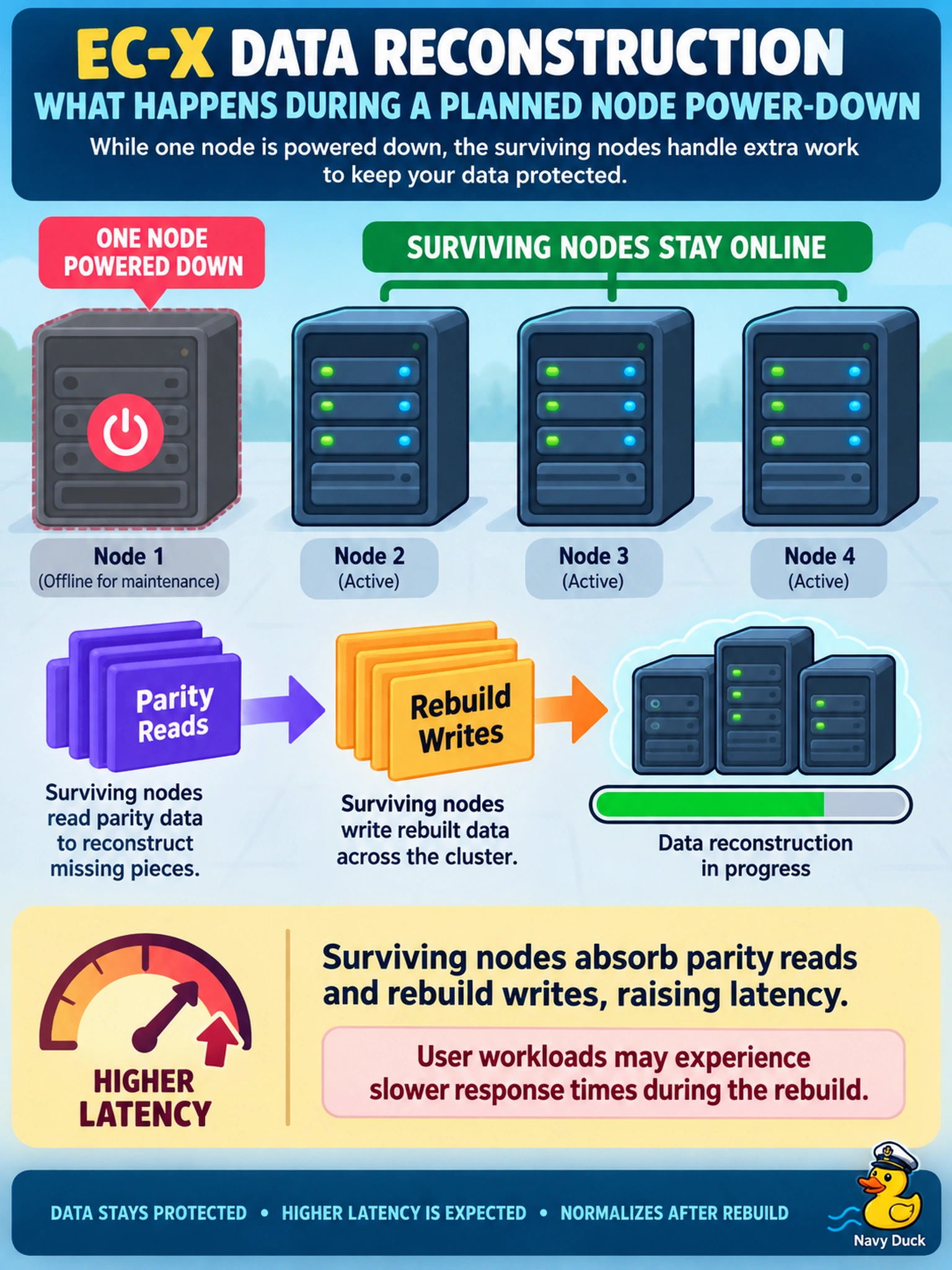 To Create an exciting colorful infographic that explains the concepts in the question: Question: During a planned power-down of one AHV node in an EC-X-enabled cluster, Prism shows data reconstruction in progress. What impact should the administrator expect while EC-X rebuilds data on the surviving nodes? Correct Answer: Surviving nodes absorb parity reads and rebuild writes, raising latency. Put EVERY visible label in double quotes. No people. No A/B/C/D letters. In one of the four corners put a little "Navy Duck".
