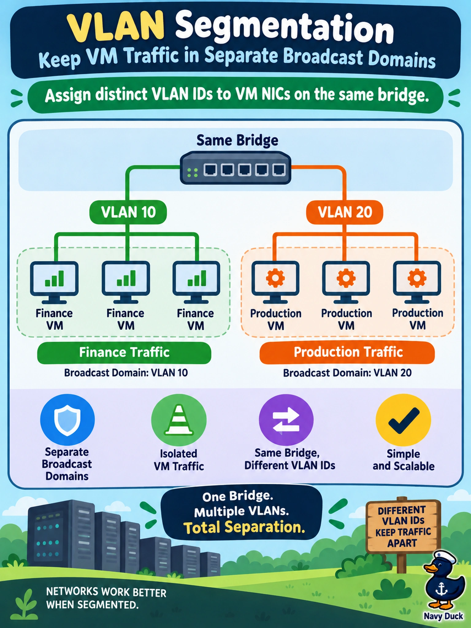 To Create an exciting colorful infographic that explains the concepts in the question: Question: A Nutanix AHV administrator needs to keep Finance and Production VM traffic in separate broadcast domains. The administrator asks whether creating another bridge is equivalent to assigning another VLAN. Which action provides VLAN segmentation instead of merely creating another bridge domain? Correct Answer: Assign distinct VLAN IDs to VM NICs on the same bridge. Put EVERY visible label in double quotes. No people. No A/B/C/D letters. In one of the four corners put a little "Navy Duck".