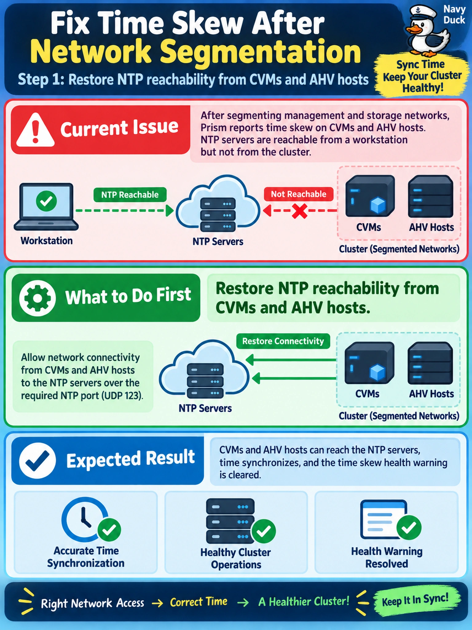 To Create an exciting colorful infographic that explains the concepts in the question: Question: After segmenting management and storage networks on an AHV cluster, Prism reports time skew on CVMs and AHV hosts. NTP servers are reachable from a workstation but not from the cluster. What should the administrator do first to resolve the health warning? Correct Answer: Restore NTP reachability from CVMs and AHV hosts. Put EVERY visible label in double quotes. No people. No A/B/C/D letters. In one of the four corners put a little "Navy Duck".
